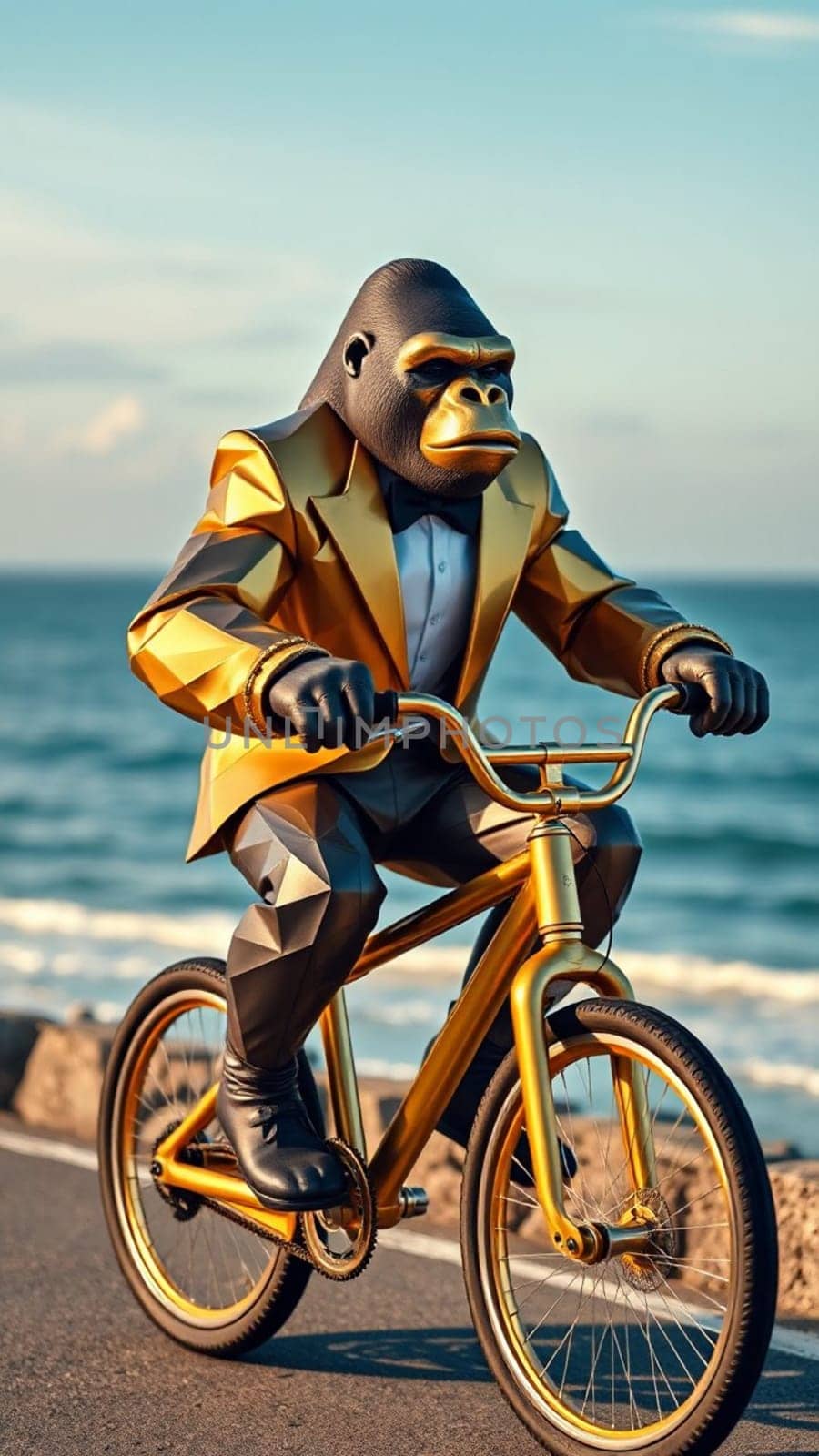 3d rendering of a gorilla wearing a golden suit riding a bike on a road by the sea. This image can be used to promote ideas of wealth, luxury, success, and the good life