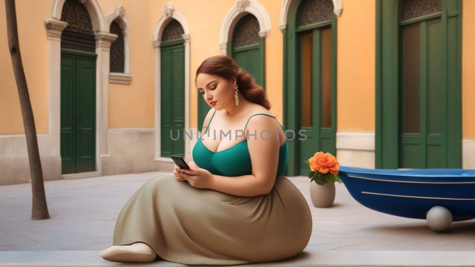 Curvy woman is sitting in a courtyard with venetian architecture, holding a smartphone in her hands and looking at the screen