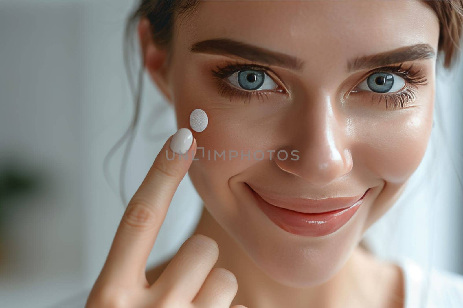 Smiling woman holding contact lens on finger, ready to apply, against bright backdrop