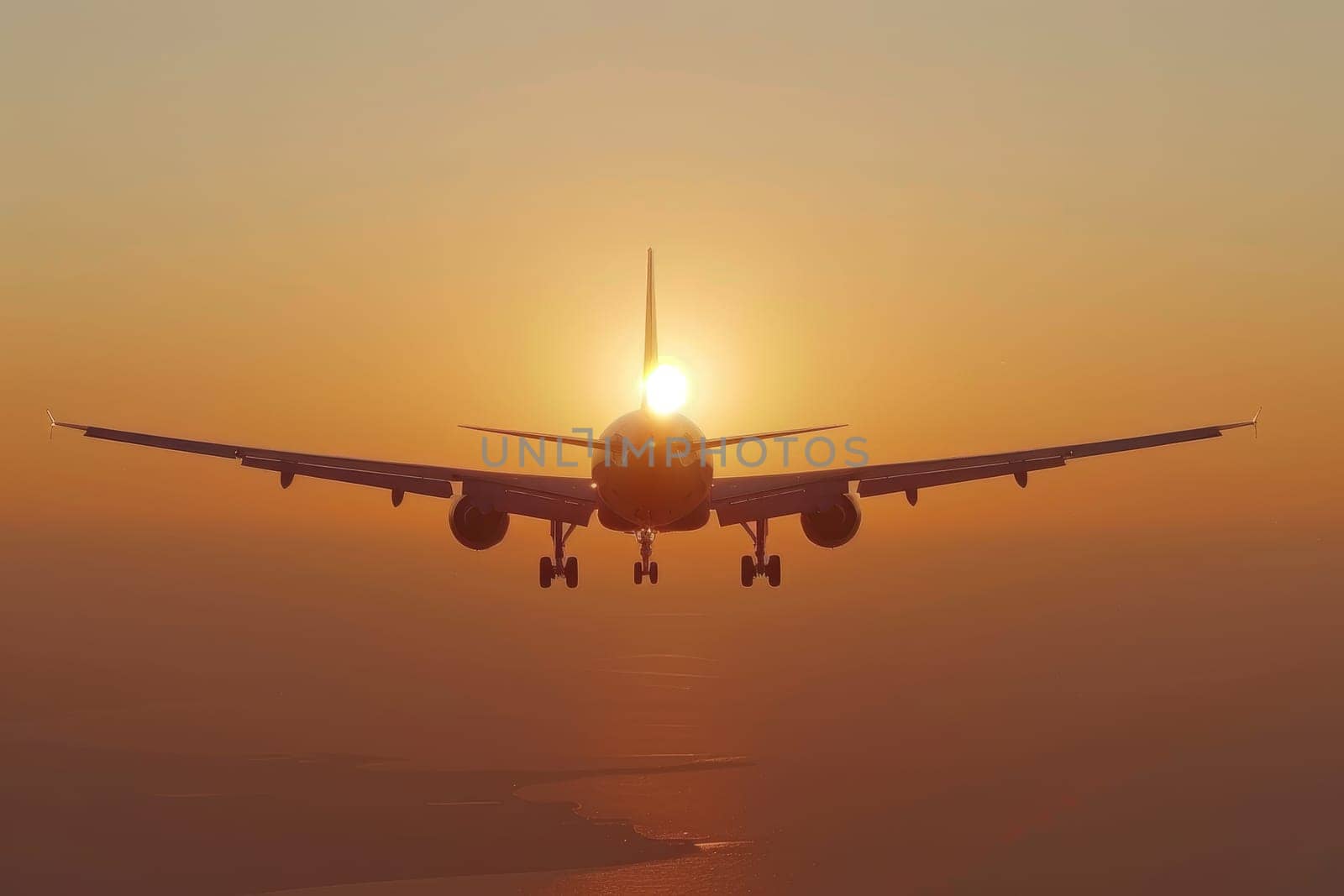 Airplane landing in vibrant golden sunset sky with expansive area for adding text overlay