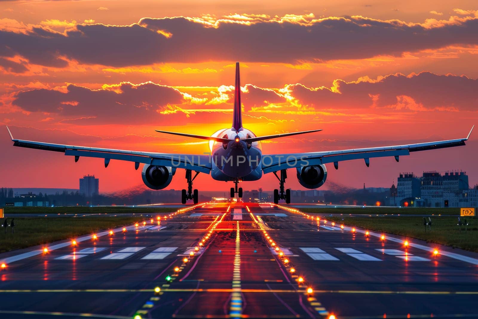 Airplane landing in radiant sunset sky with expansive space for adding your own text