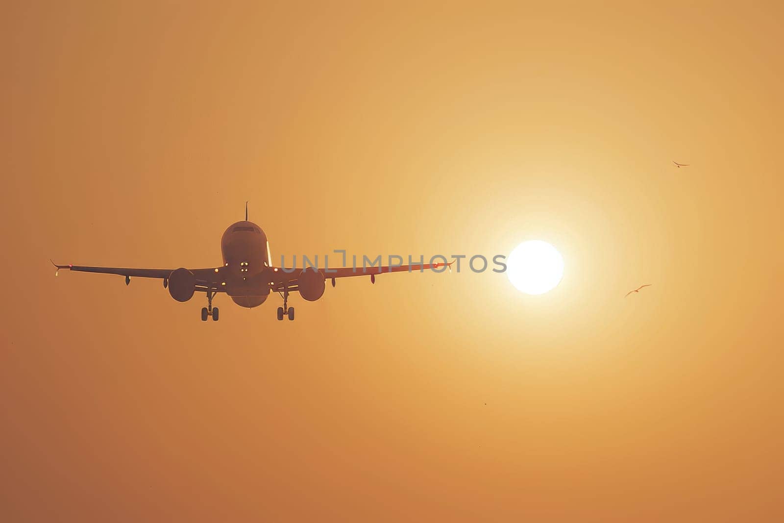 Airplane landing in picturesque golden sunset sky with ample space for adding text or captions
