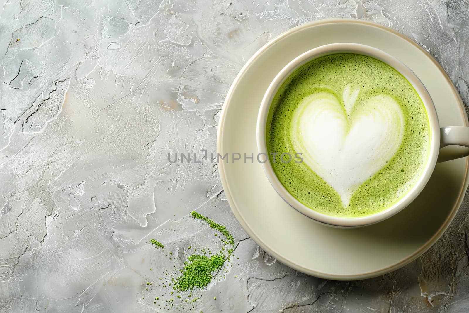 Matcha latte coffee cup with heart latte art on white background, top view with copy space