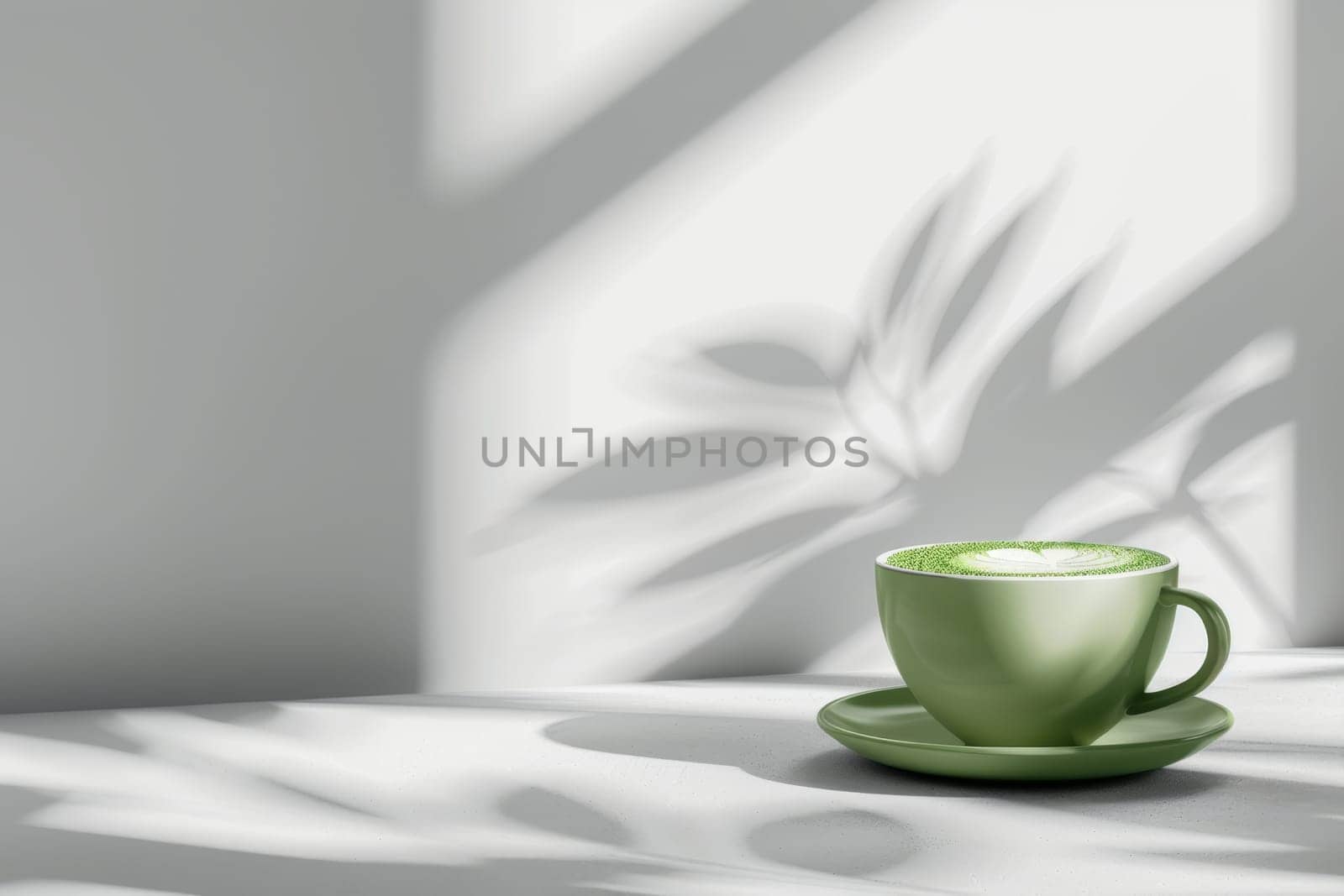 Green matcha latte with whipped foam in clear cup on light background with copy space, side view