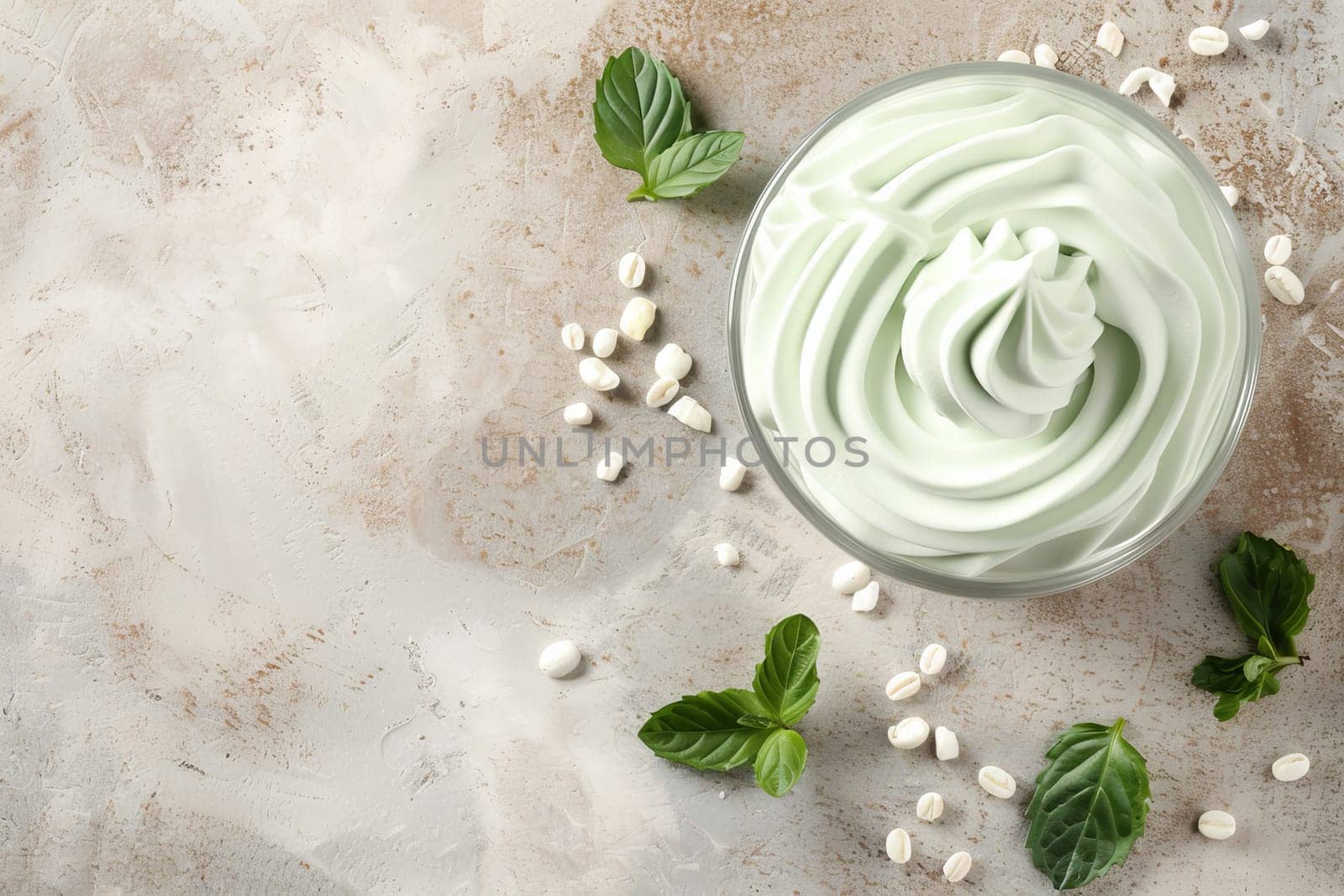 Green matcha latte with whipped foam in clear cup on light background, side view with copy space