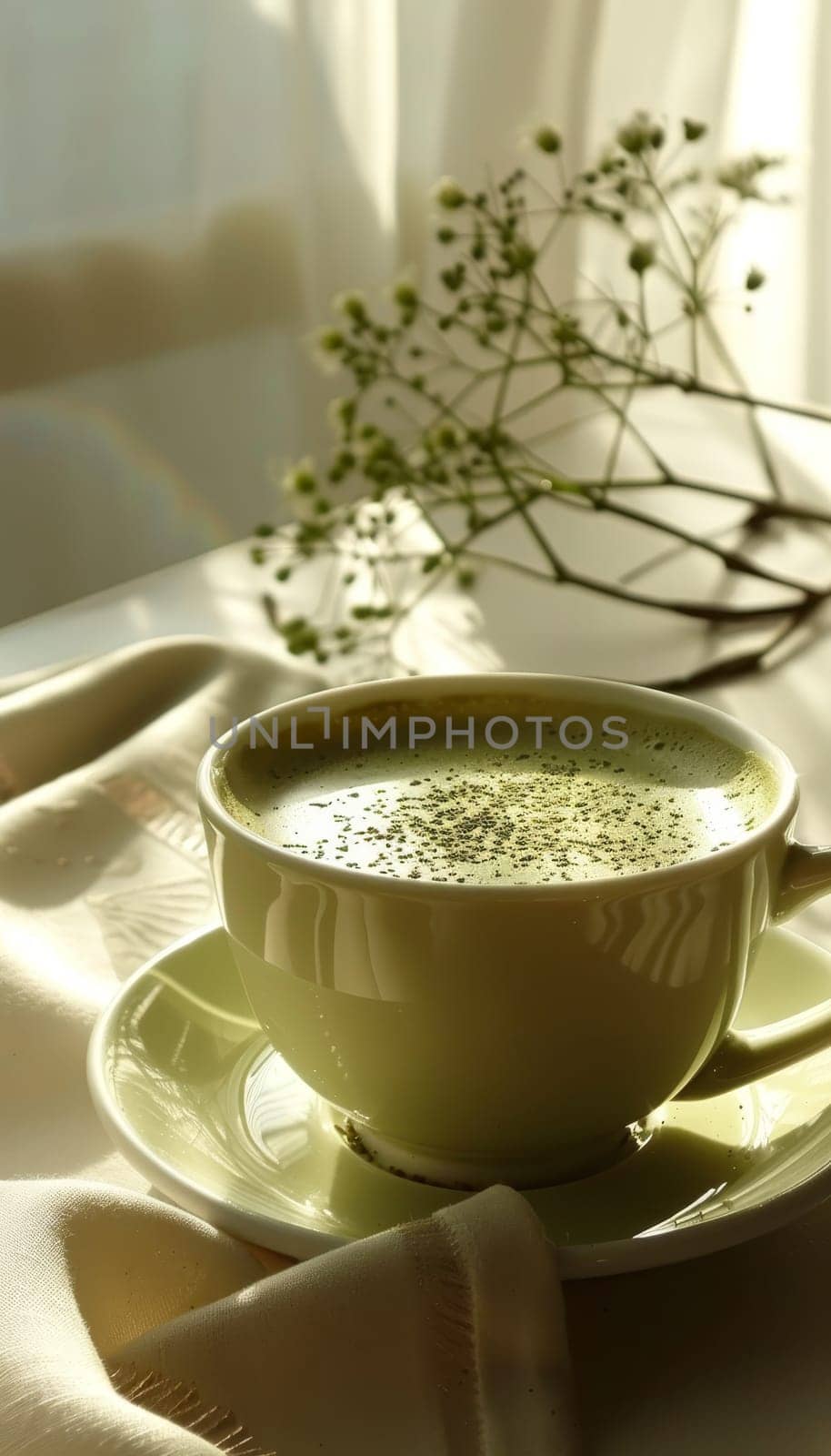 Green matcha latte with whipped foam in clear cup, side view on light background with copy space