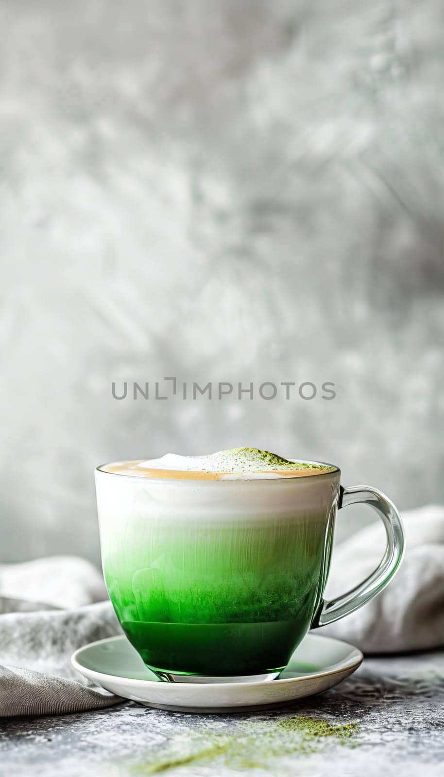Green matcha latte with whipped foam in clear cup on light background, side view with copy space