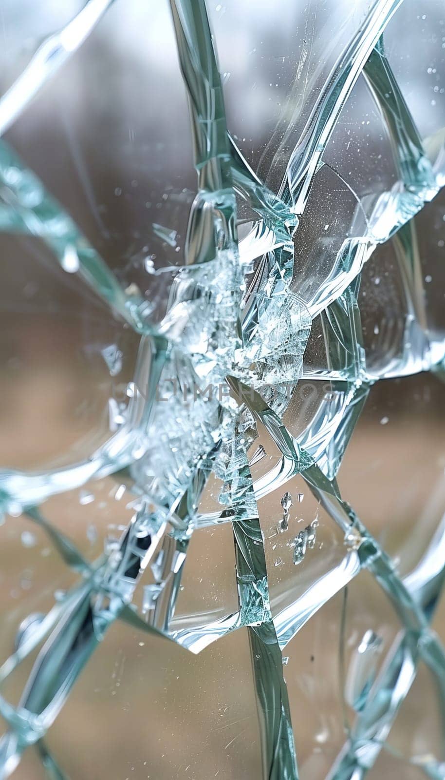 Detailed close up of car windshield with visible cracks and shattered glass, emphasizing damage