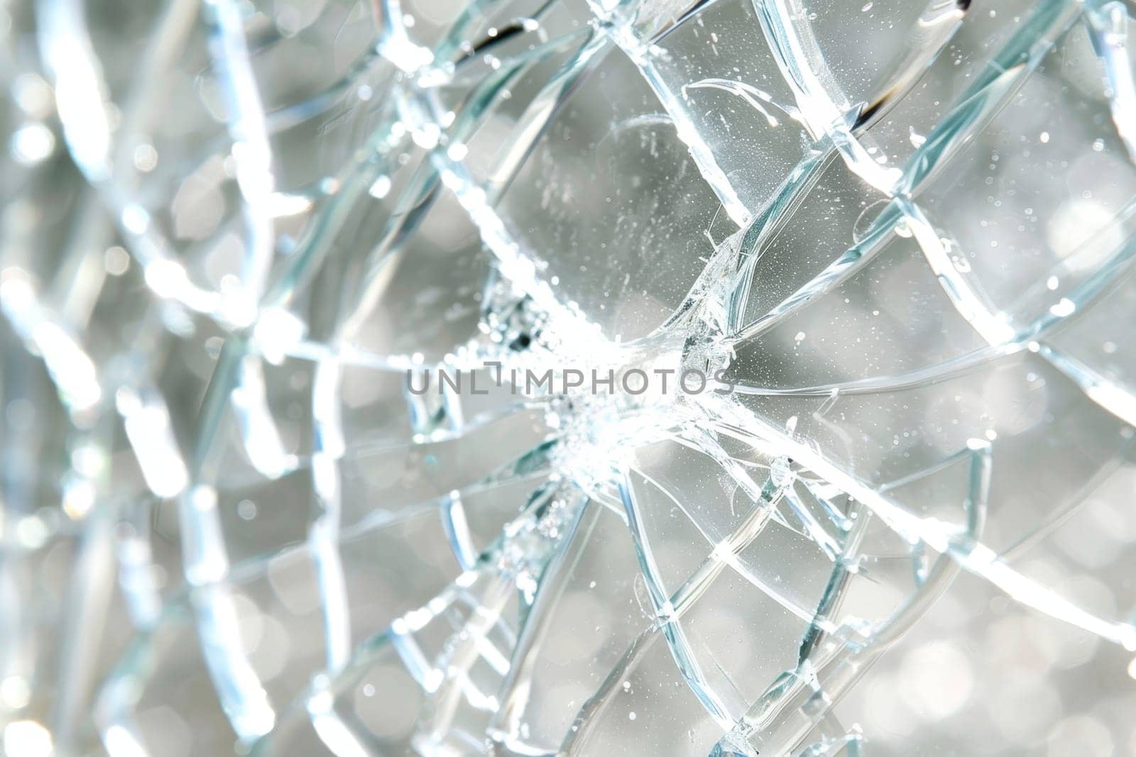 Detailed view of car windshield with visible cracks and shattered glass, showcasing damage