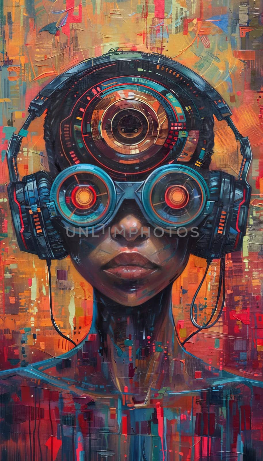 Portrait of young african american woman in hi tech gear against vibrant solid background