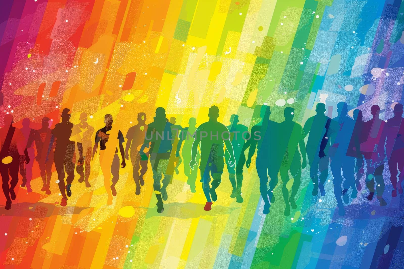 Vibrant rainbow silhouette of person standing out among gray silhouettes on white background