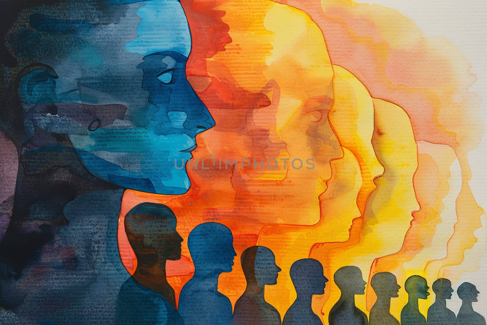 Vibrant rainbow silhouette of figure with grey outlines of people on white background