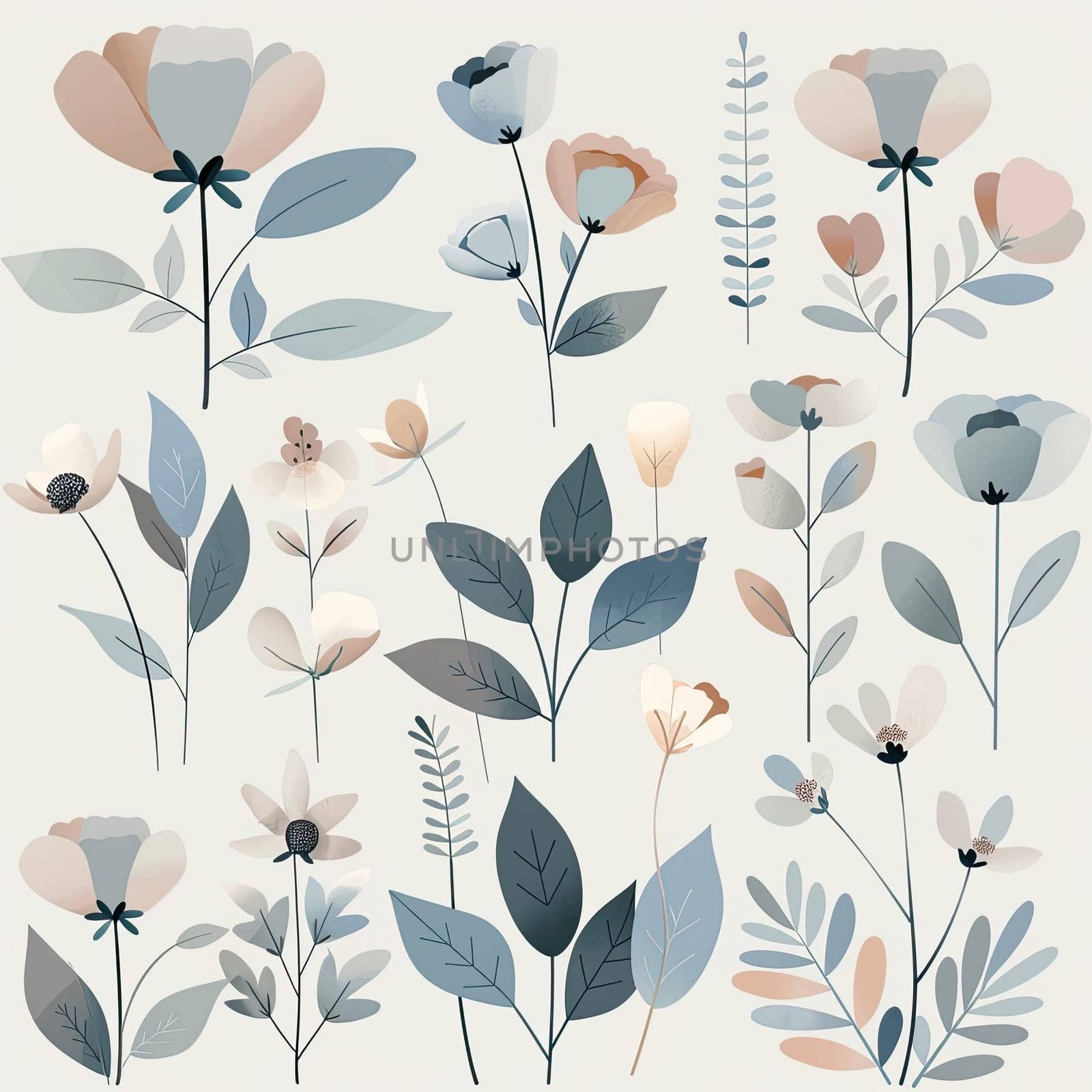 This display showcases a variety of floral illustrations with soft colors and delicate details, featuring different flowers and leafy elements in an artistic arrangement.