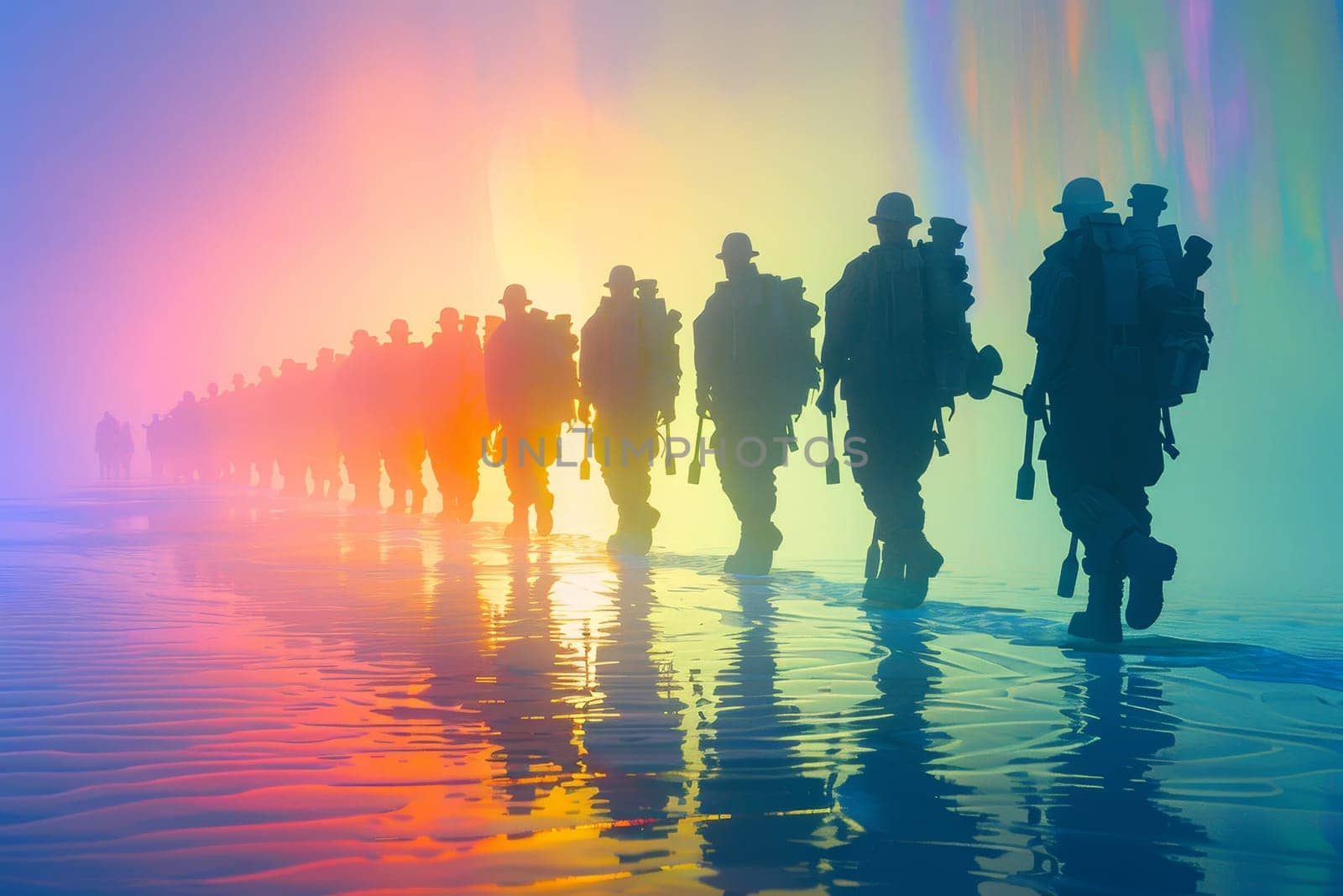 Vibrant rainbow silhouette of person in foreground with grey silhouettes in background on white