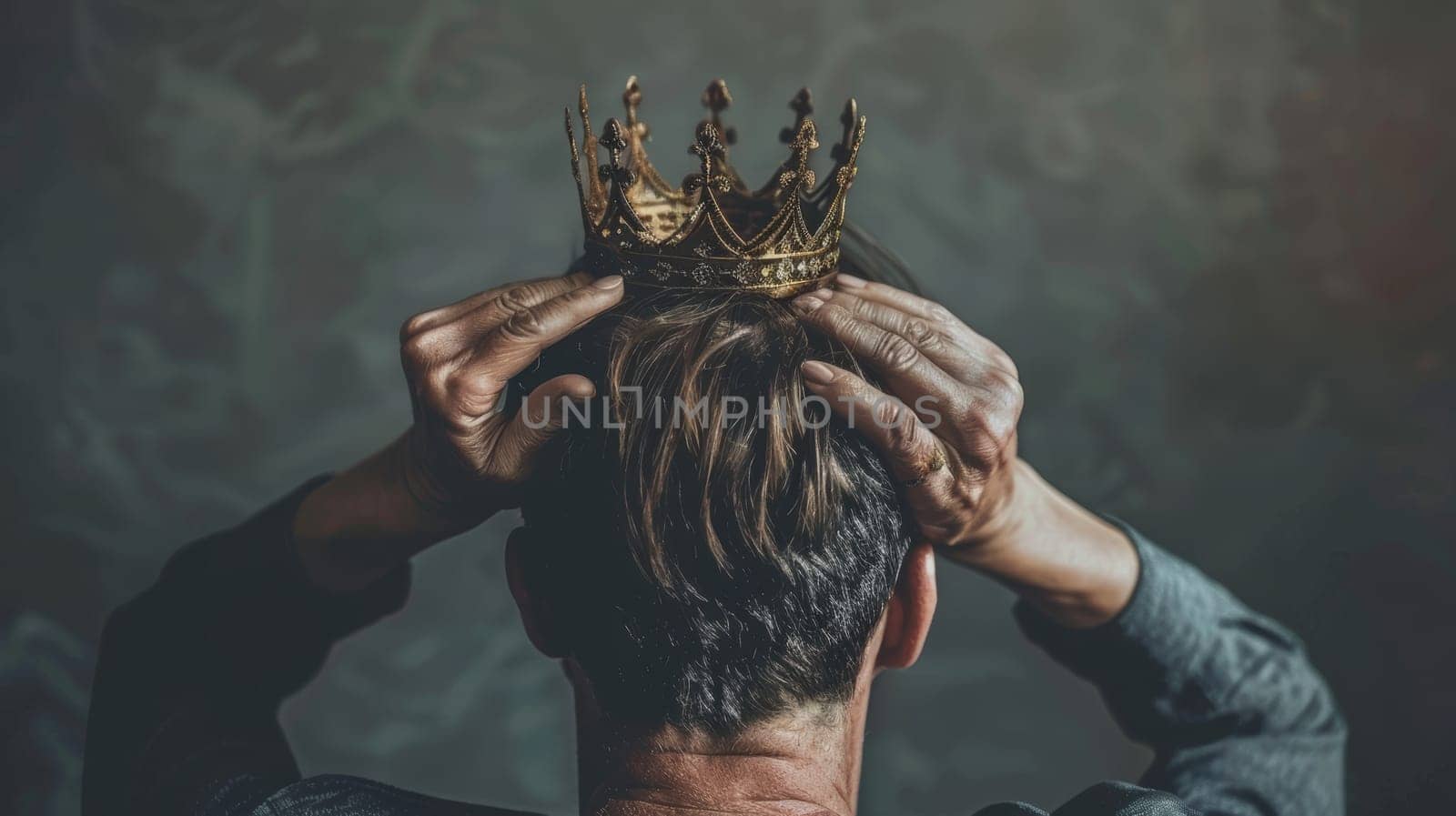 Senior woman crowns man in touching moment, close up view on plain background with space for text