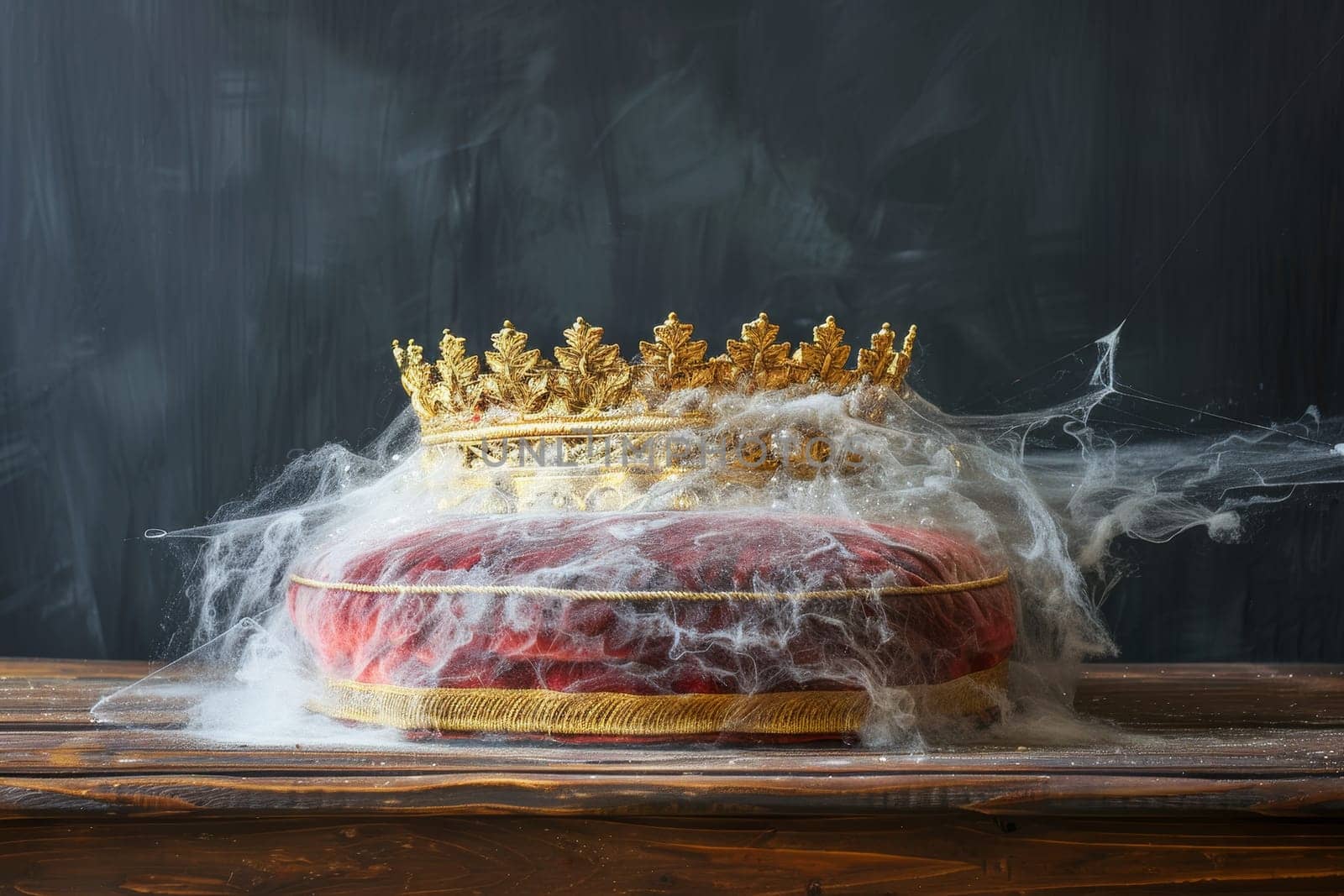 Dusty crown on red pillow with spider web, dark background copy space available