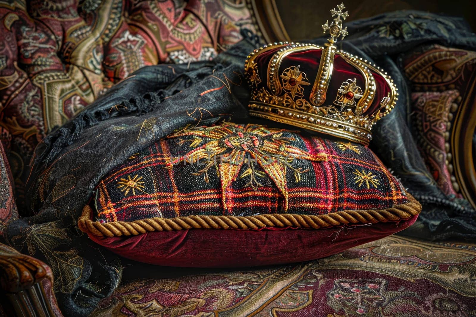 Dusty crown on red pillow with spider webs in dark setting, copy space available