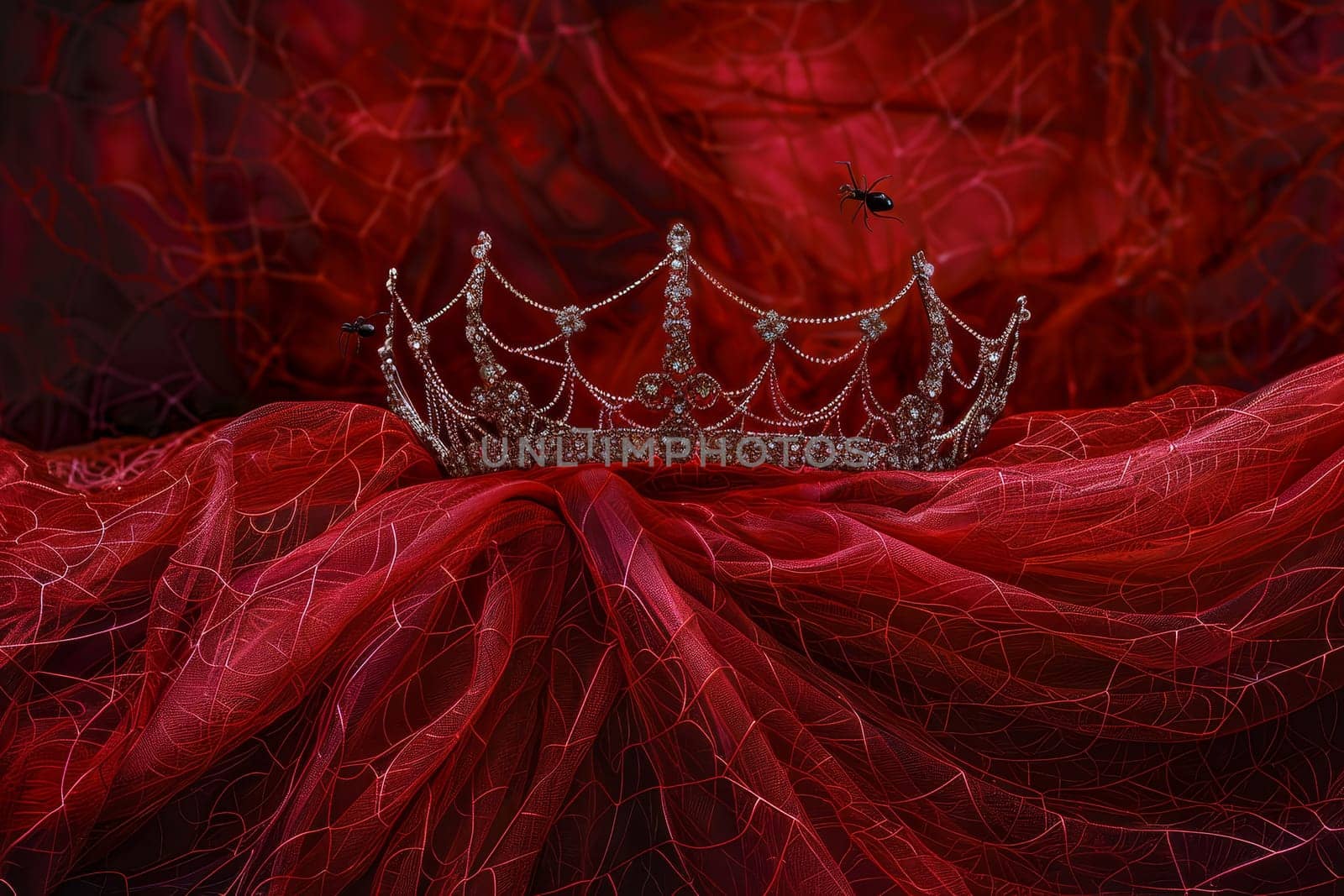 Dusty crown on red pillow with spider web, dark background, ample space for text placement