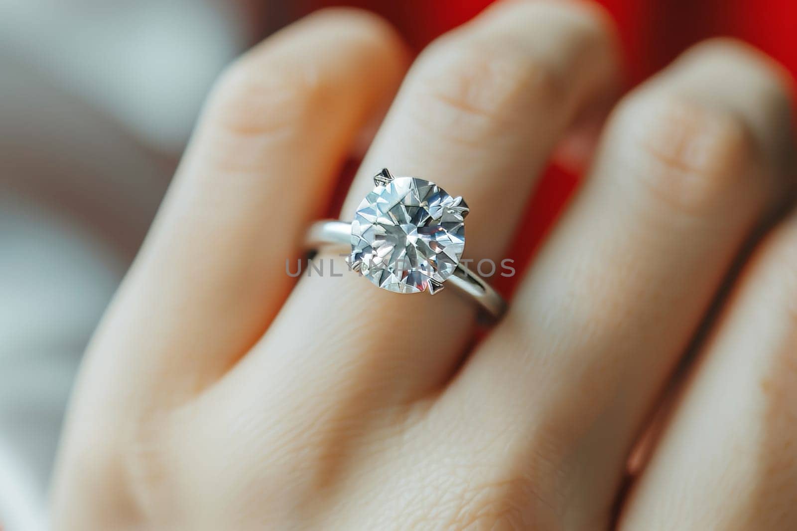 Elegant woman s hand with sparkling diamond ring on white background, copy space available