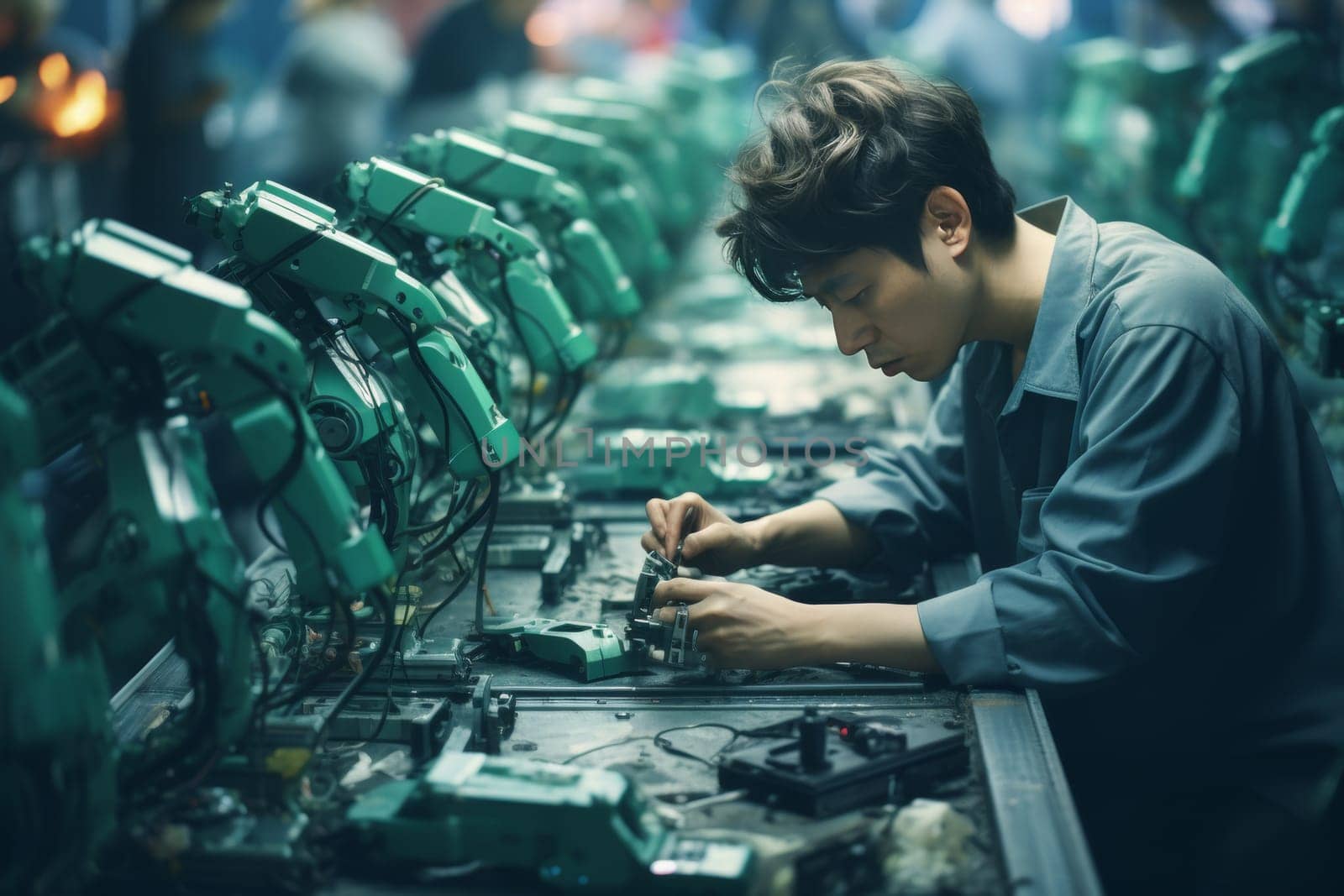 Precision assembly in automated manufacturing plant ai robotic arms at work engineer s view