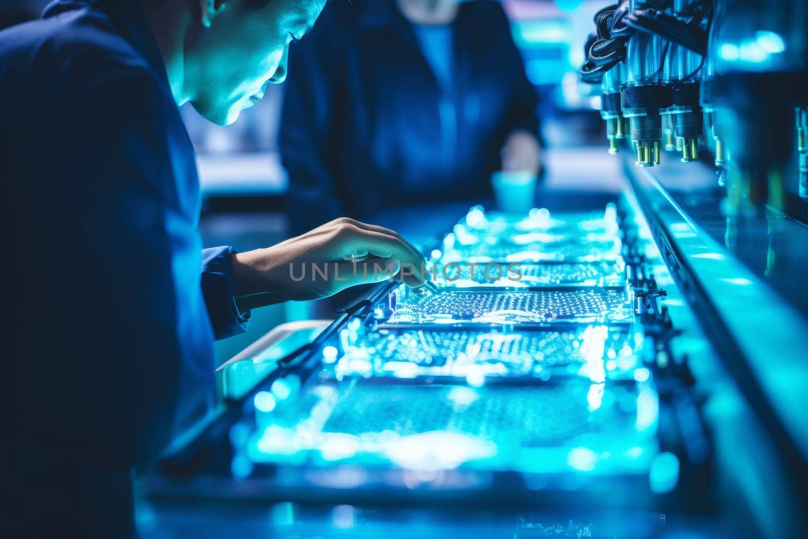 High res ai robotic assembly line in manufacturing plant, engineer s view of precision production