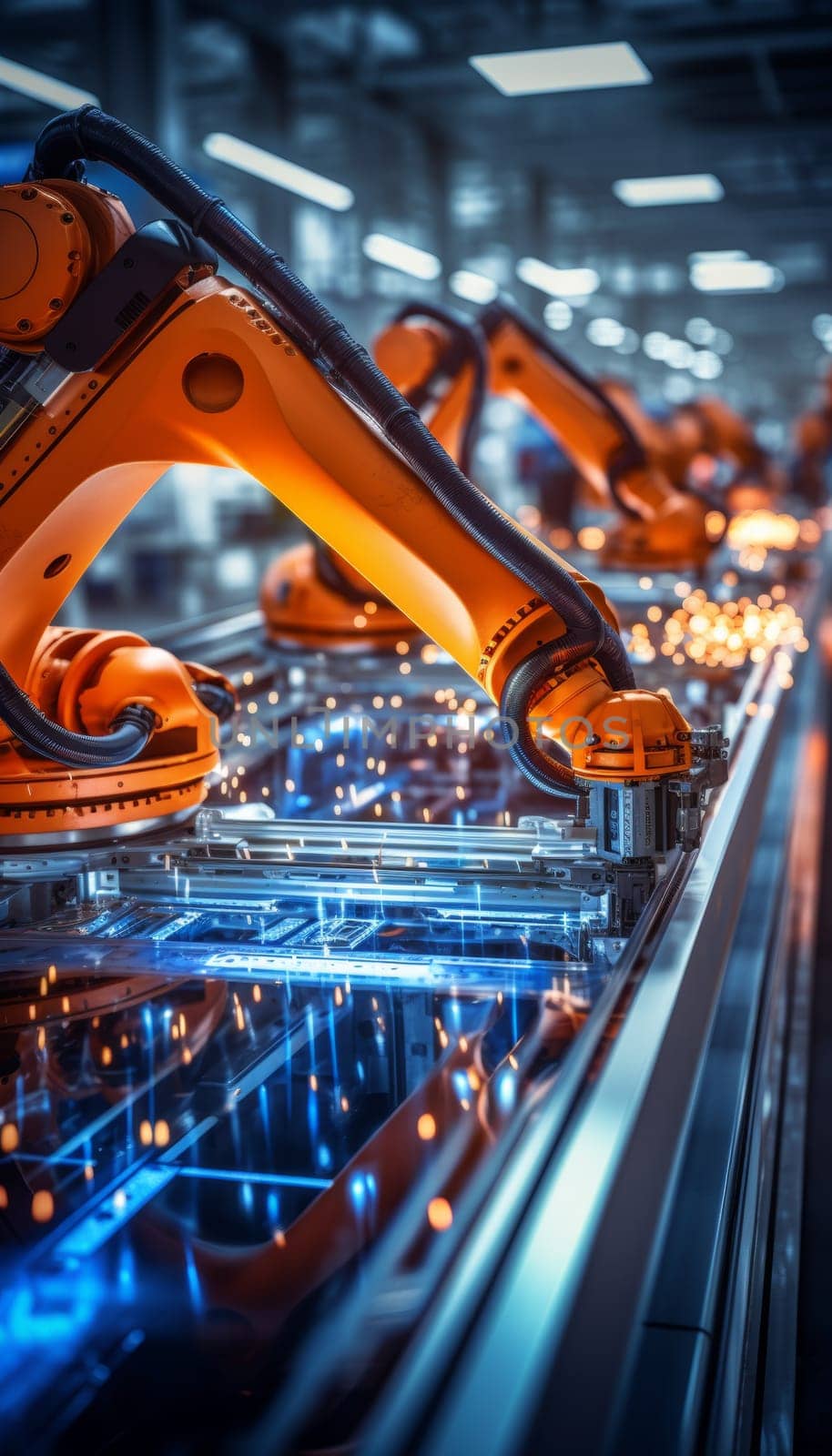 High def ai robotics assembly in precision manufacturing plant with bright automated production line