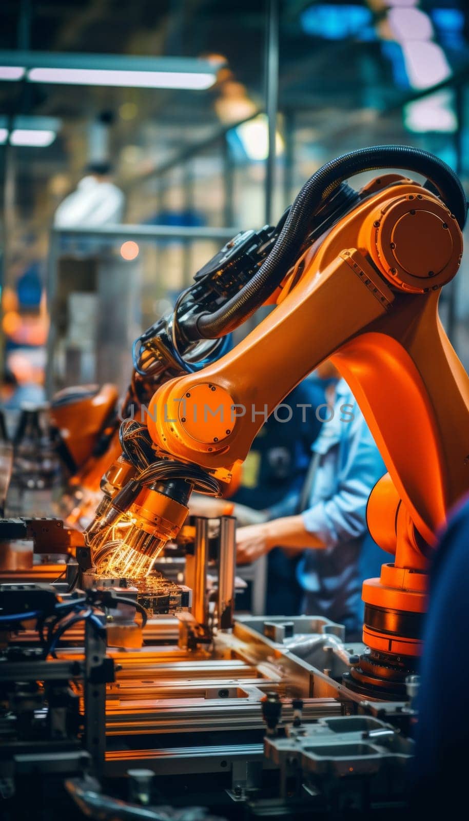 High precision manufacturing plant with ai robotic arms in bright automated line