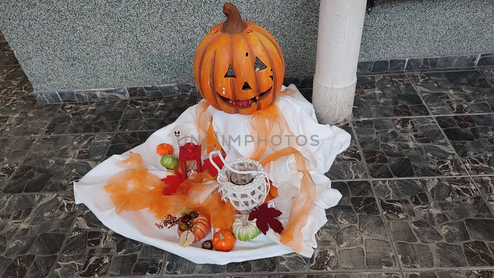 halloween, orange pumpkin, holiday decorative elements, autumn maple leaves decoration symbol objects. High quality photo