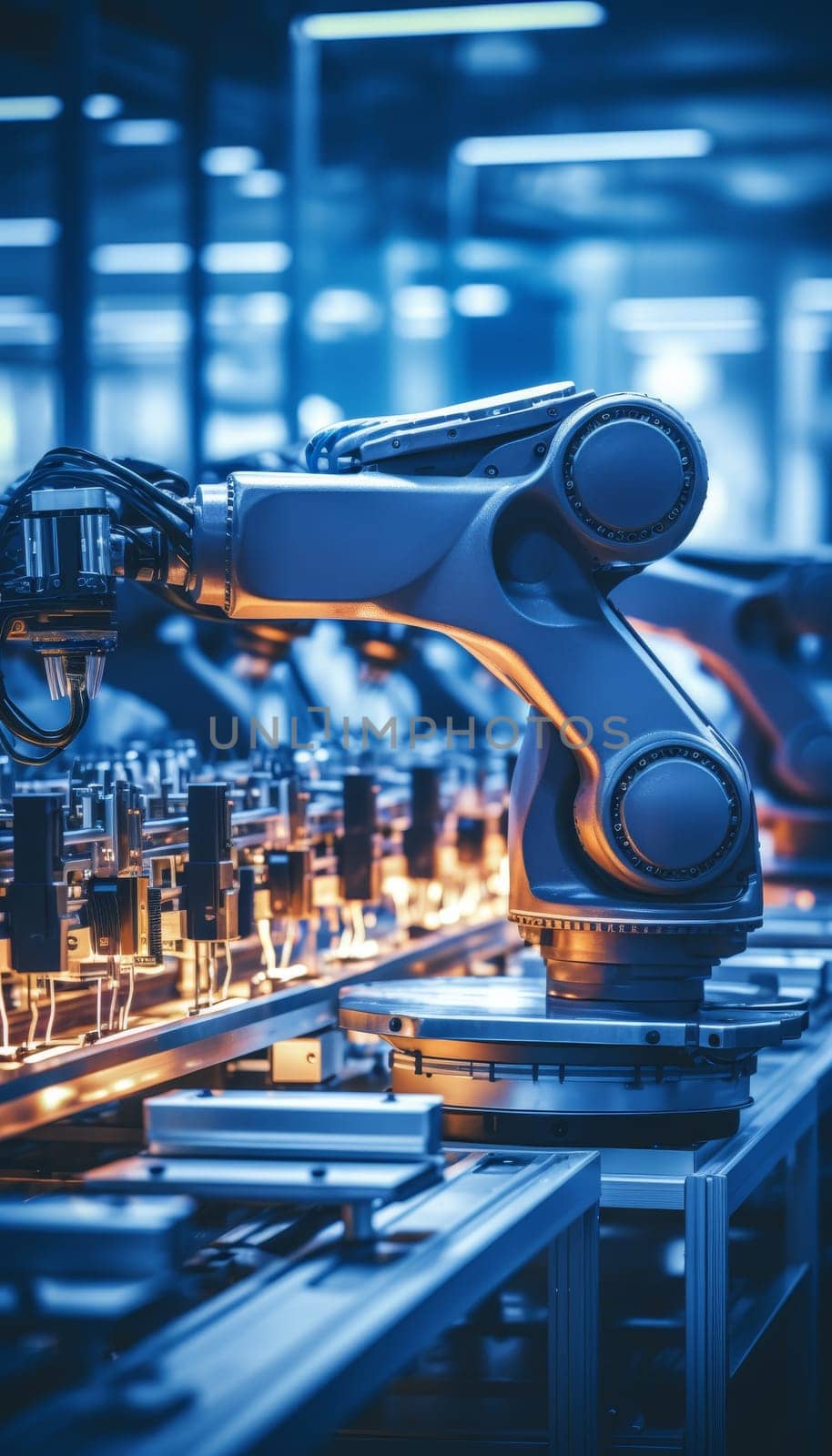 Ai controlled robotic assembly line in manufacturing plant precision production viewed by engineer