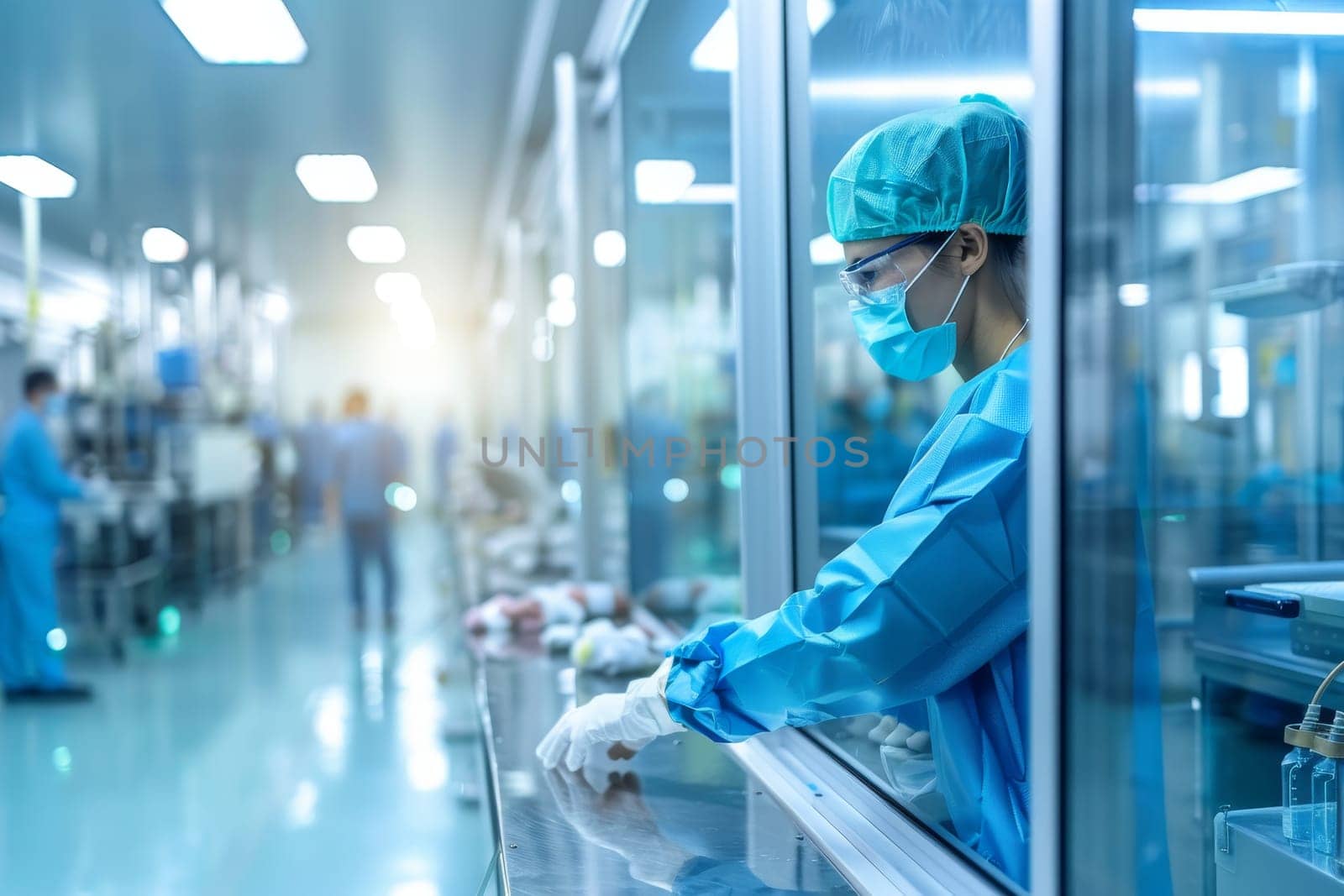 Ai robotic arms caring for newborns in manufacturing plant, nurse s view through glass wall