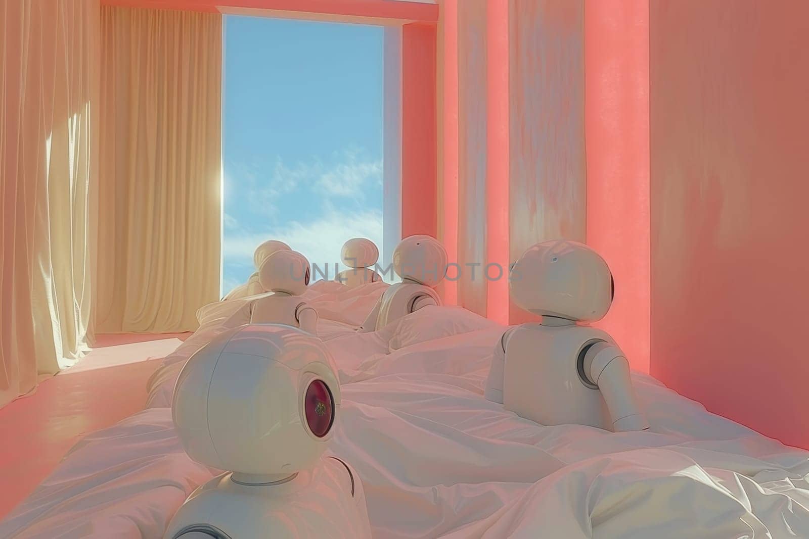 Futuristic nursery robots caring for babies in empty hospital room, creating unique atmosphere