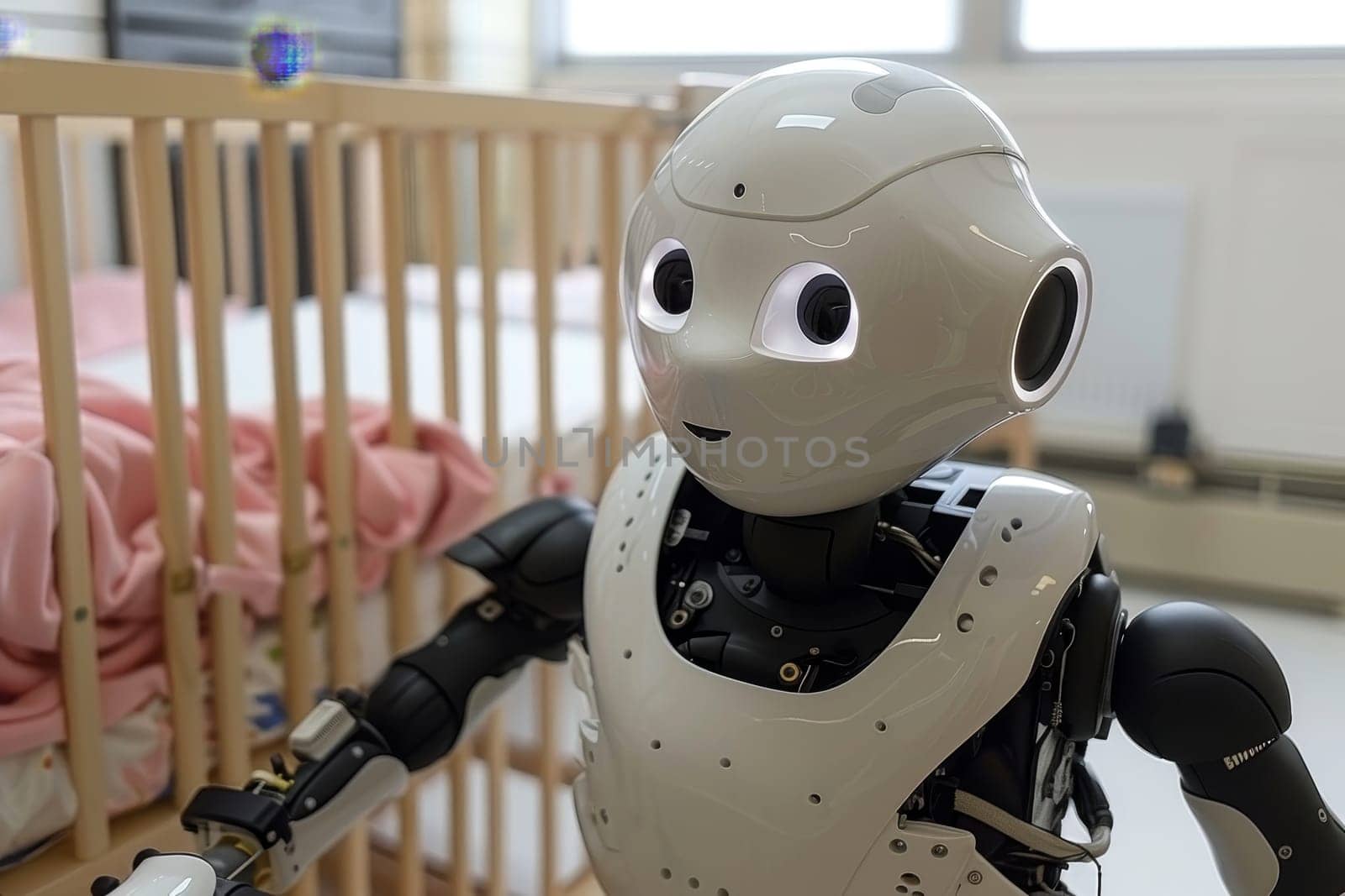Futuristic nursery robots tending to babies in bright hospital room, creating a modern atmosphere