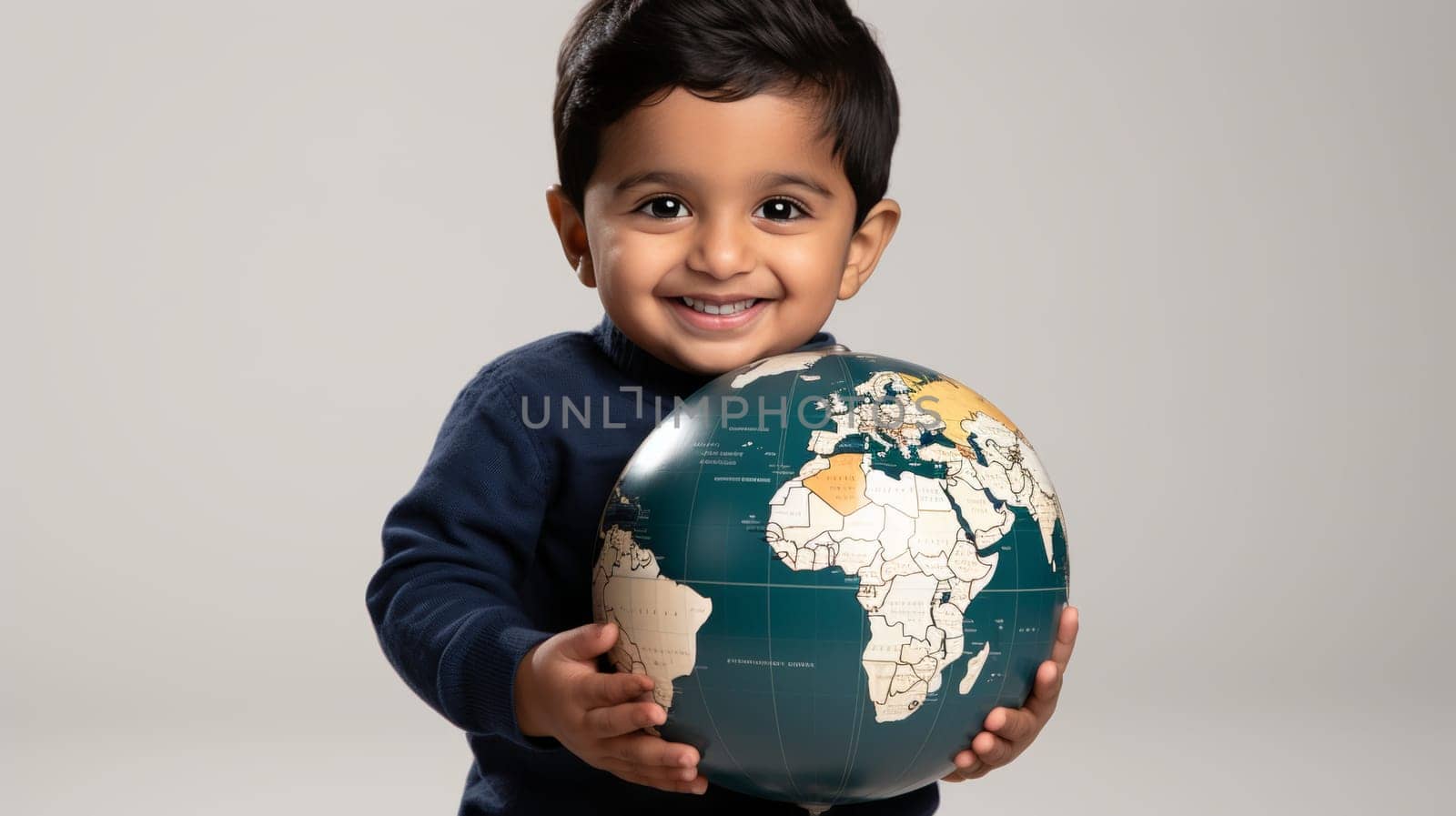 Joyful child holding earth planet on white backdrop, leaving ample space for text placement