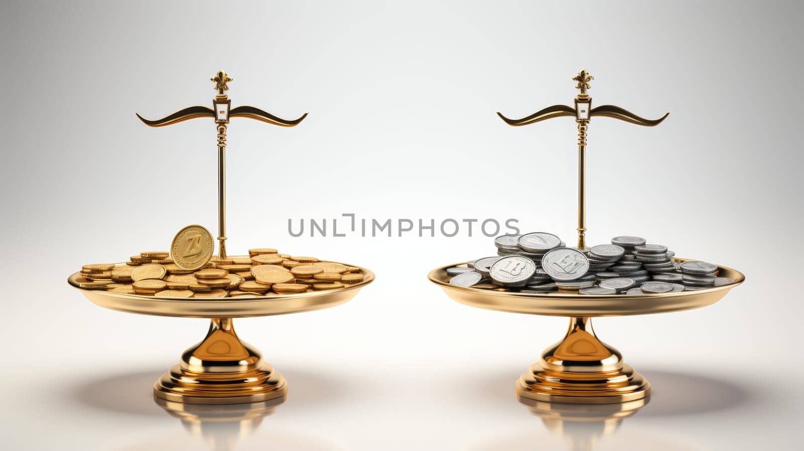 Golden scales with money in balance on white background