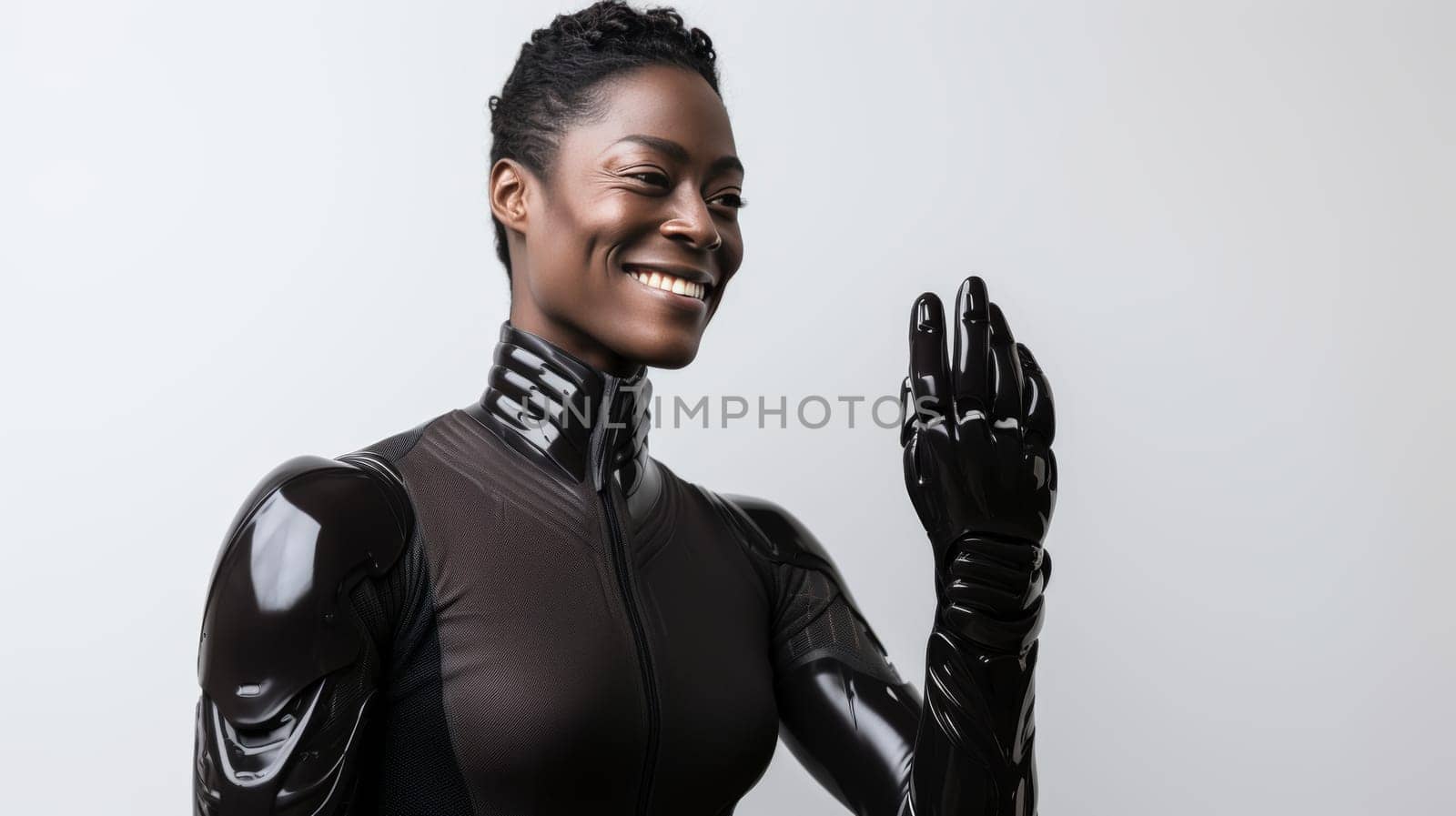 Portrait of happy african american woman with artificial hand on white background
