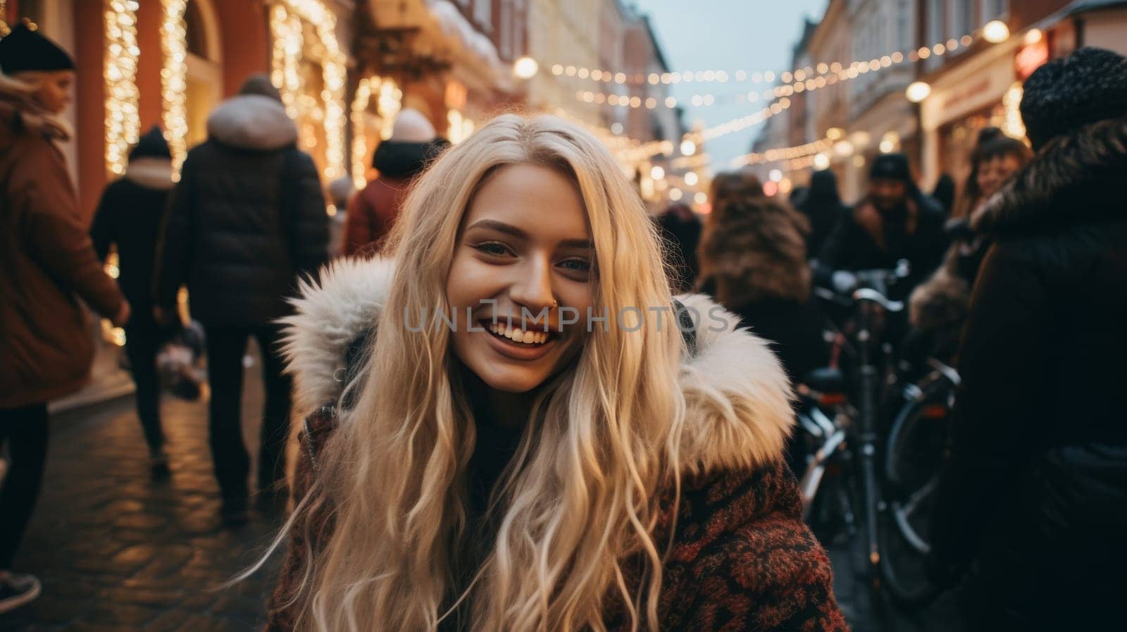 Happy blond woman is in town Christmas fair