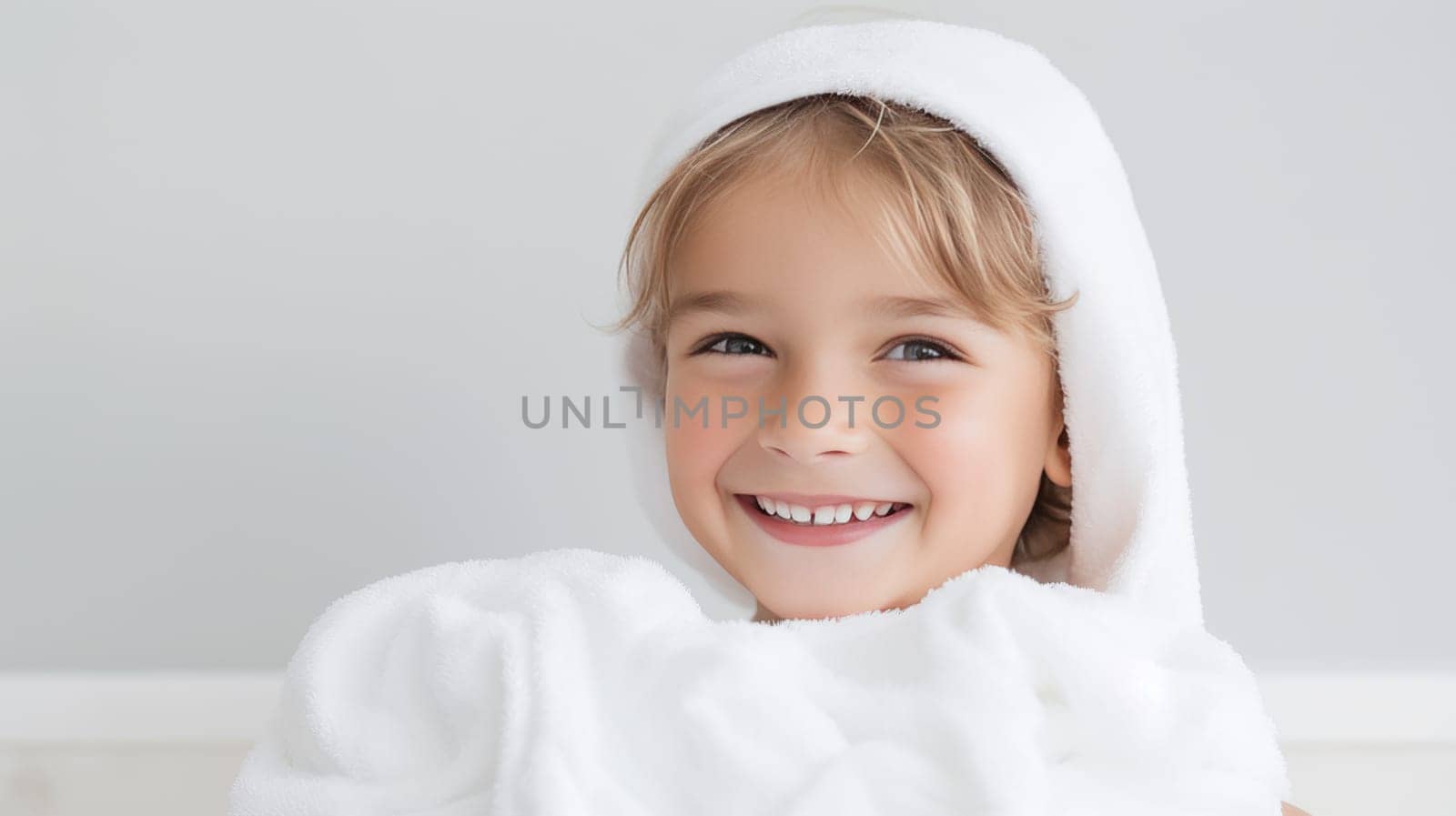 Smiling child after shower in close up against white backdrop