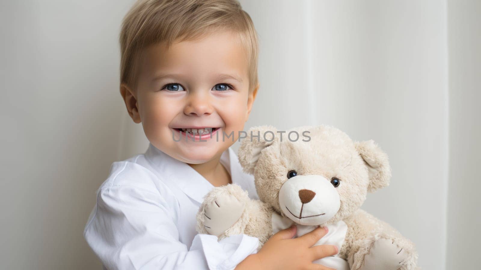 Smiling boy with prosthetic hand holding teddy bear in close up on white background