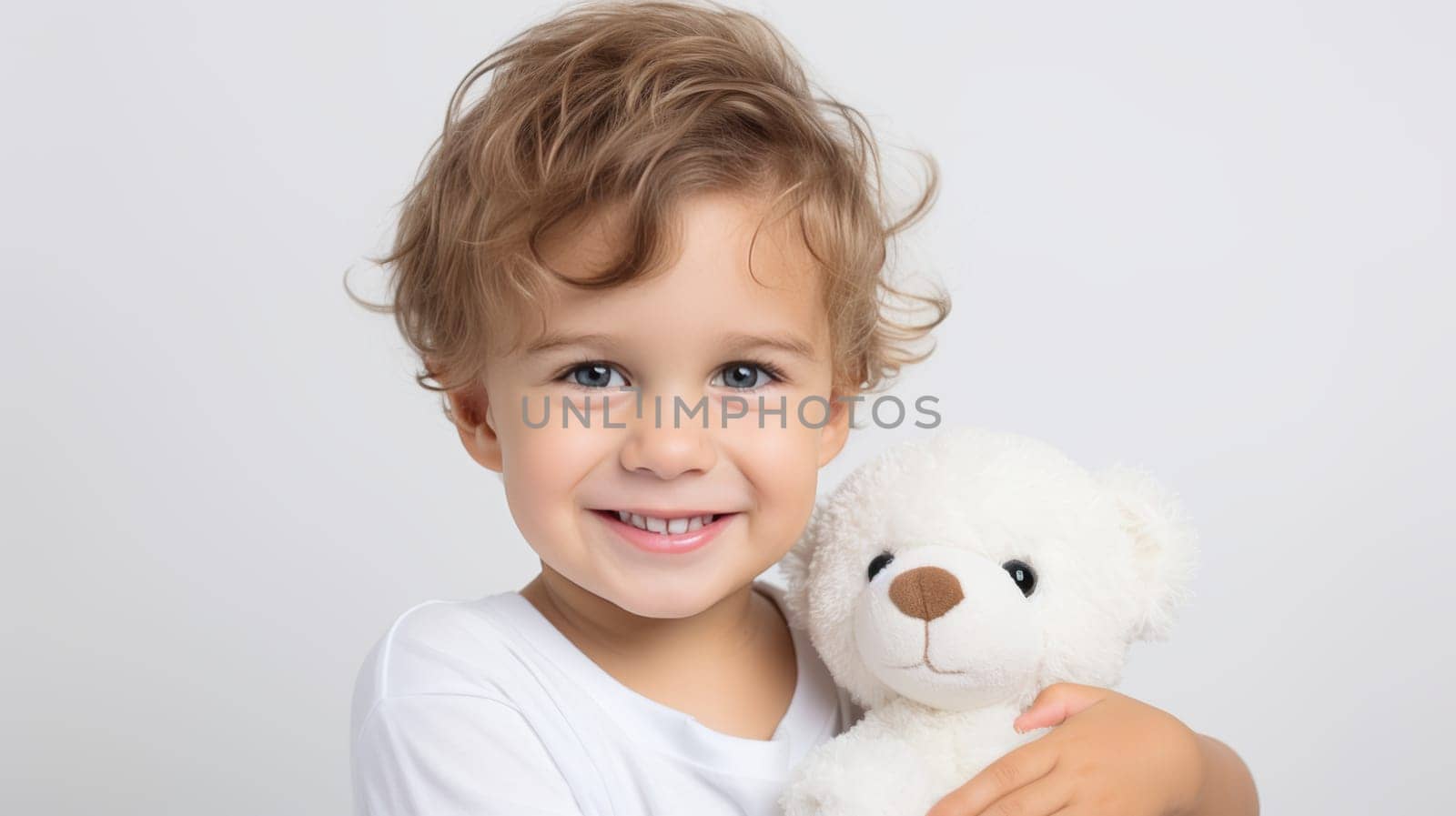 Smiling boy with prosthetic hand holding teddy bear in close up on white background