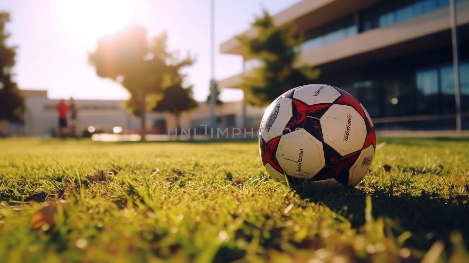 Boys football team in action on sunny day, low angle view with ball moving on green field