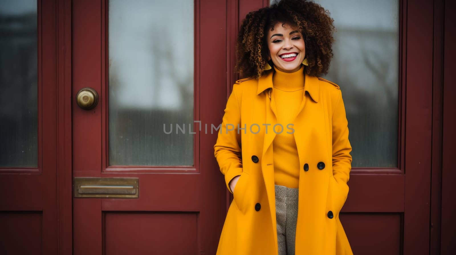 Joyful 40 year old african american businesswoman in bright attire, studio portrait