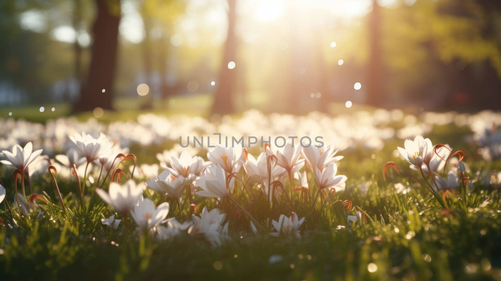Scenic view of lush spring meadows in the gentle glow of sunlight for a captivating picture