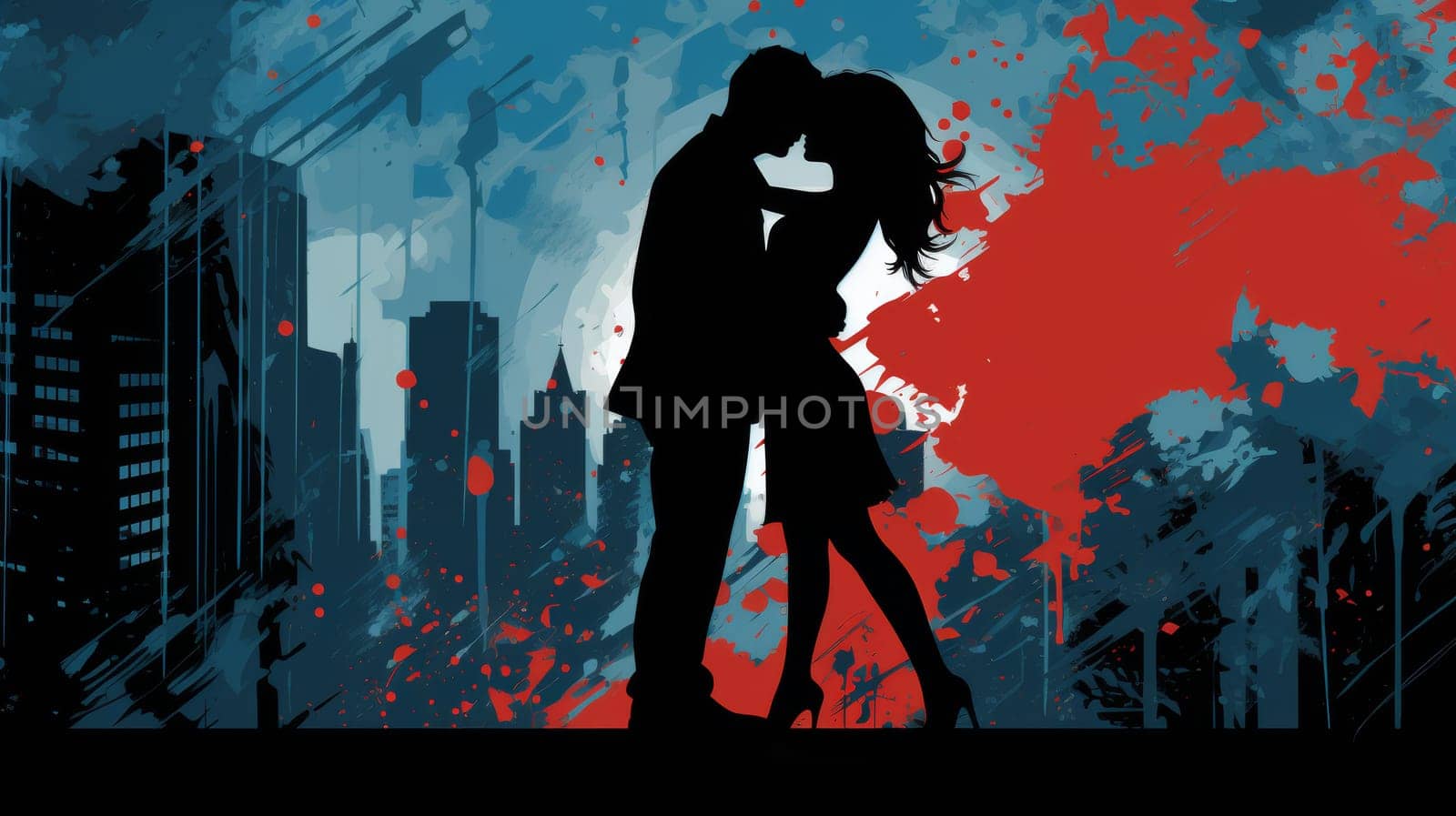 Romantic couple kissing in urban city setting, beautiful colorful illustration