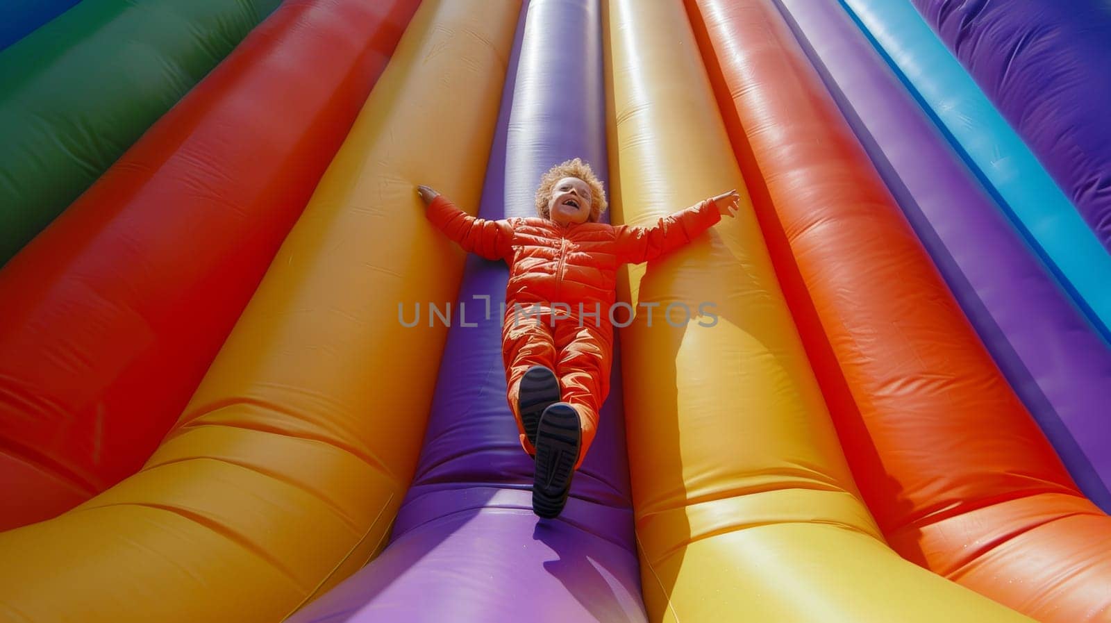 Cheerful kid having a great time playing on vibrant and colorful inflatable slides at a playground