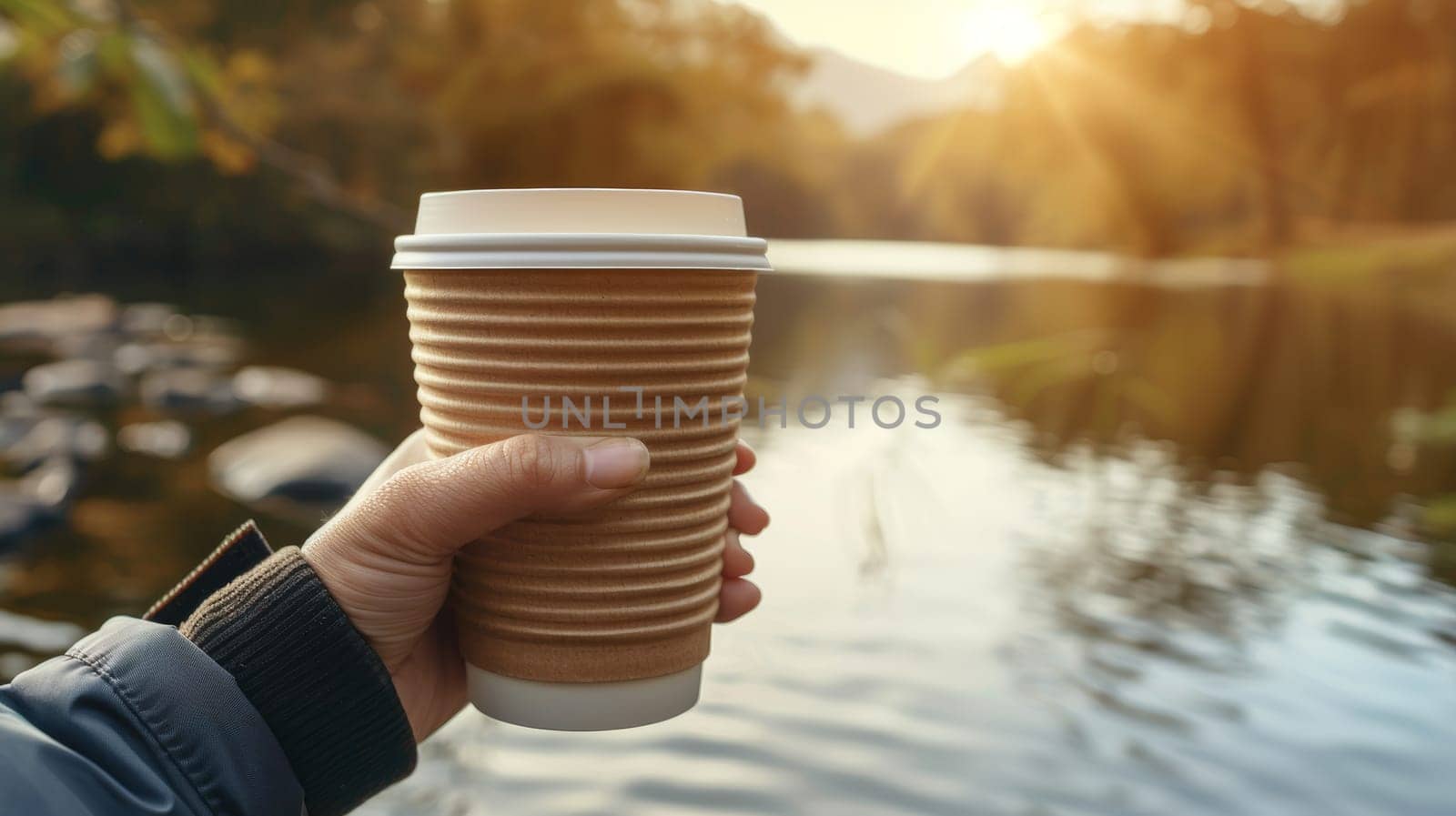 Woman Holding Disposable Coffee Cup By Tranquil River In Nature. Enjoying Autumn Day In Wilderness