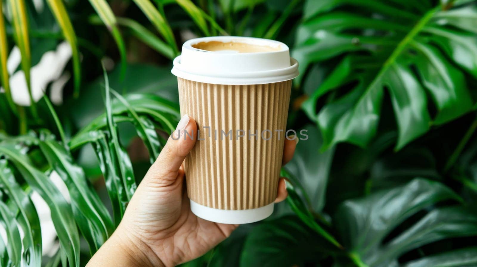 Person Holding Disposable Coffee Cup Surrounded By Lush Greenery, Promoting Sustainability