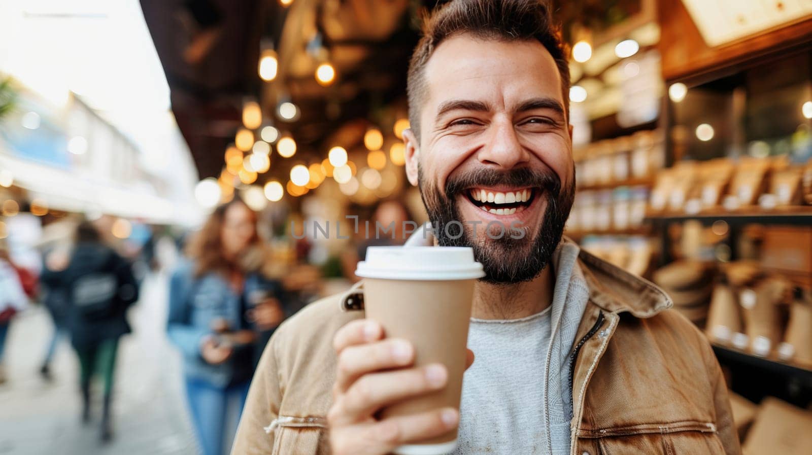 Man Smiling With Takeaway Coffee Cup In City Street Market, Street Food and Coffee Break Concept