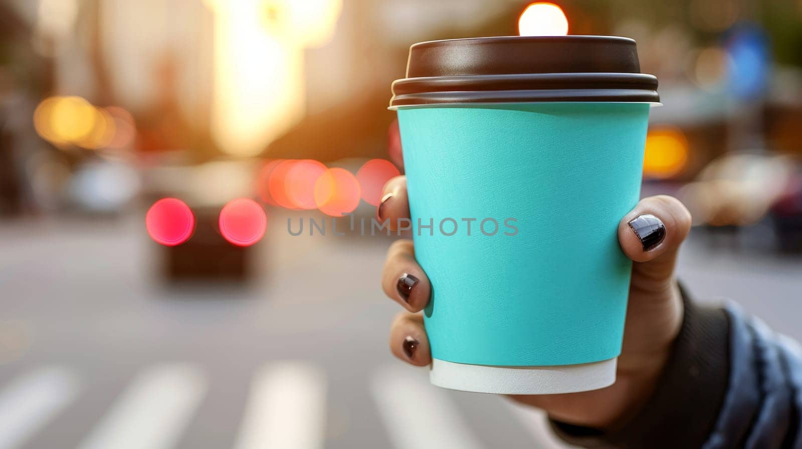 Womans Hand with Dark Nail Polish Holds Teal To-Go Coffee Cup, Blurred City Street Background