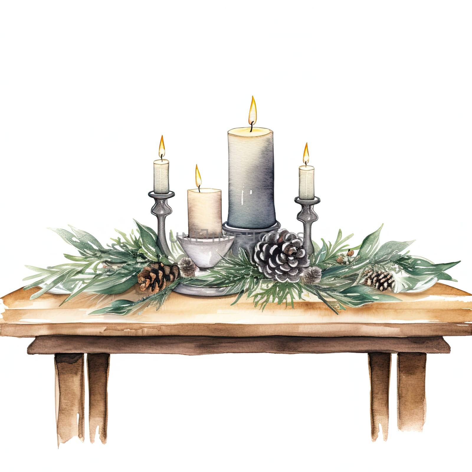 A charming setup features three lit candles surrounded by pinecones and fresh greenery on a rustic wooden table, creating a warm and inviting atmosphere.