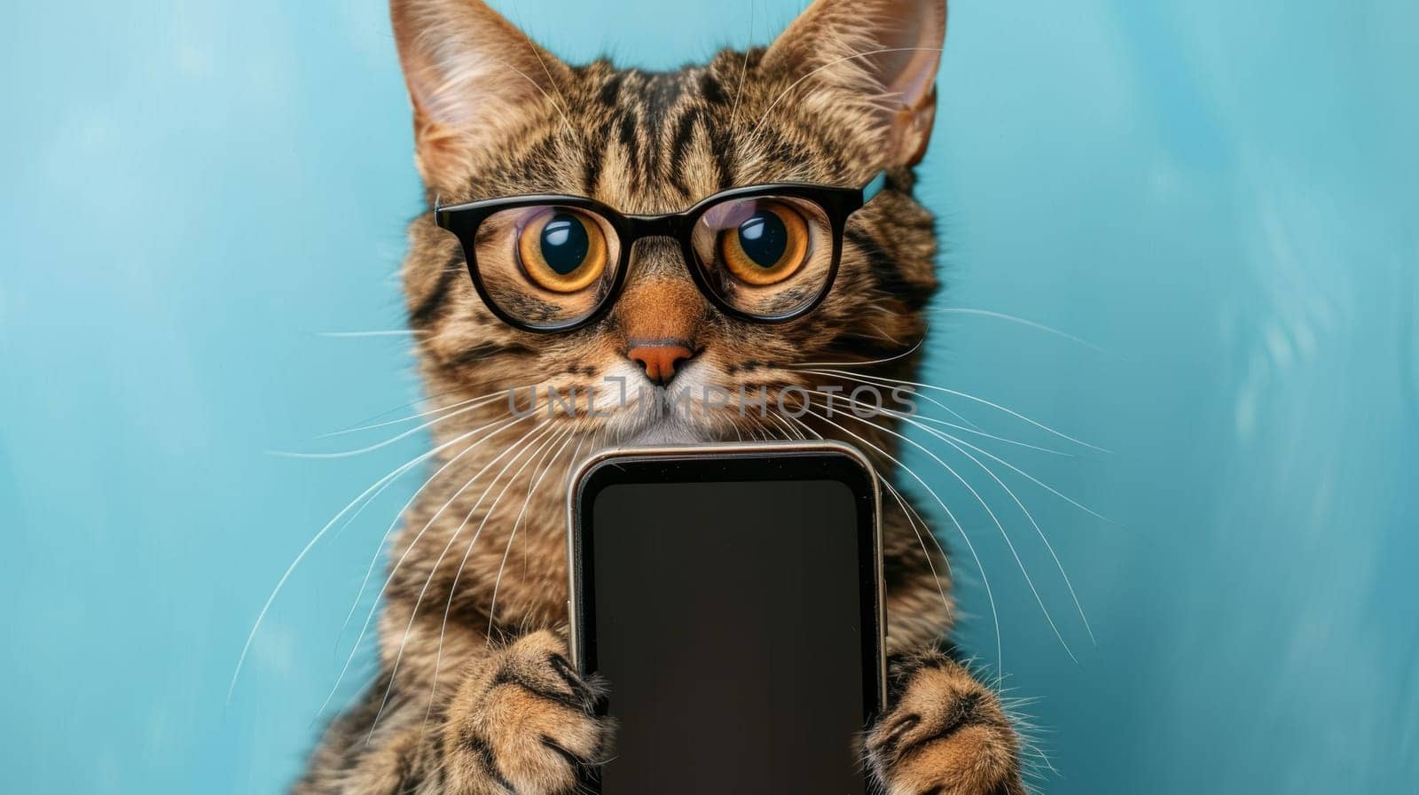 Close-up Portrait of a Cute Tabby Cat Wearing Glasses Looking at Smartphone on Blue Background